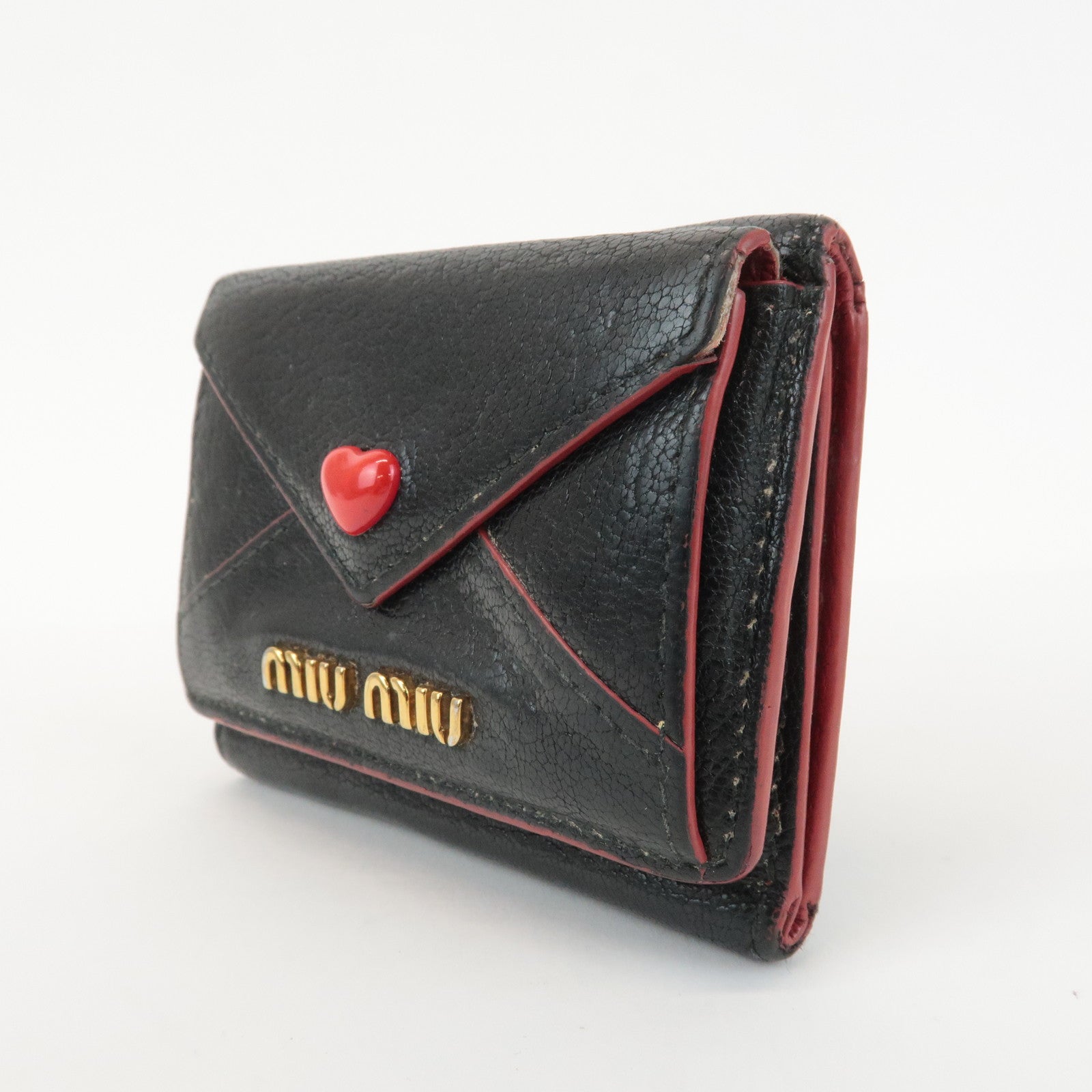 MIU MIU Love Letter Leather Compact Wallet Black Red Used