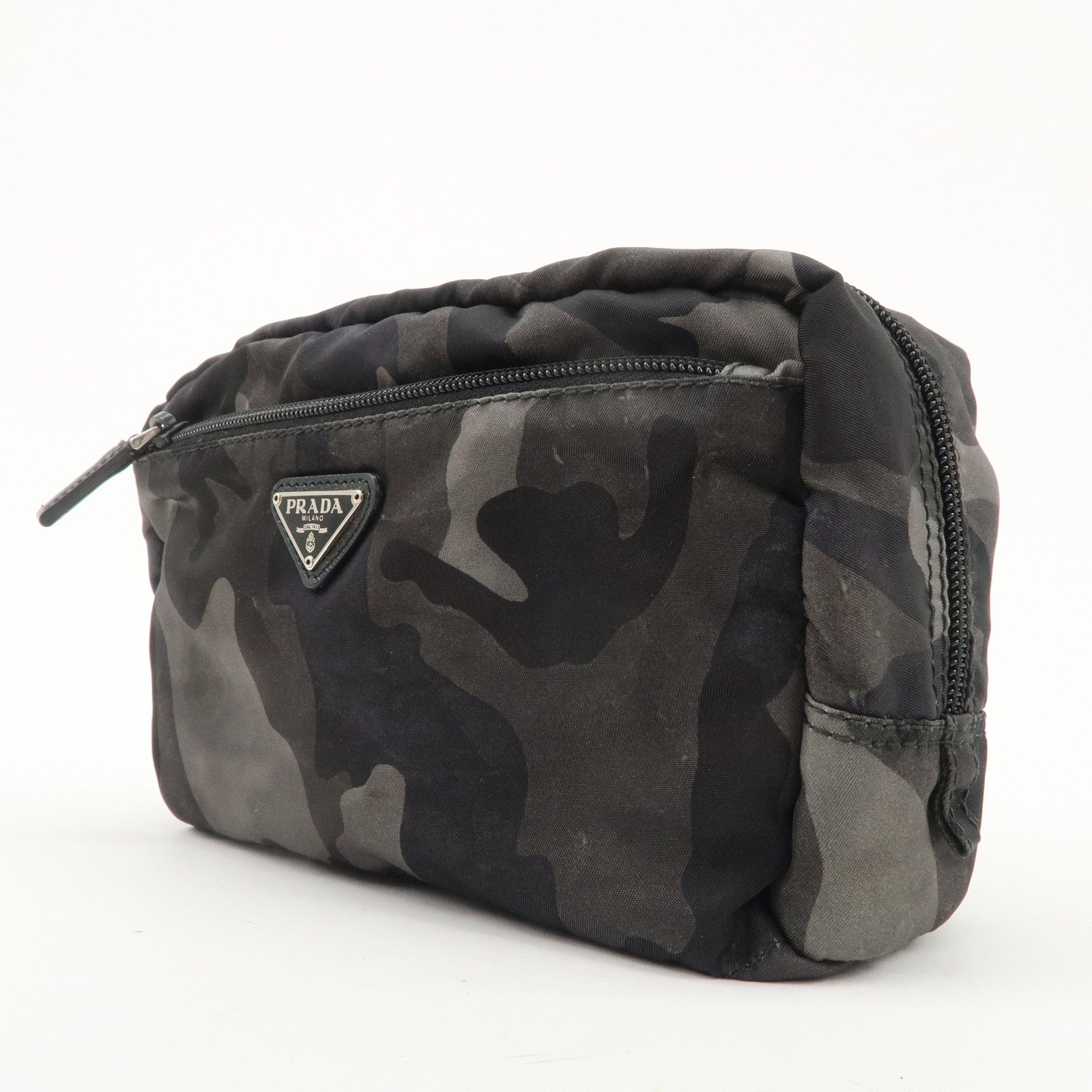 PRADA Logo Nylon Leather Pouch Camouflage Black Khaki