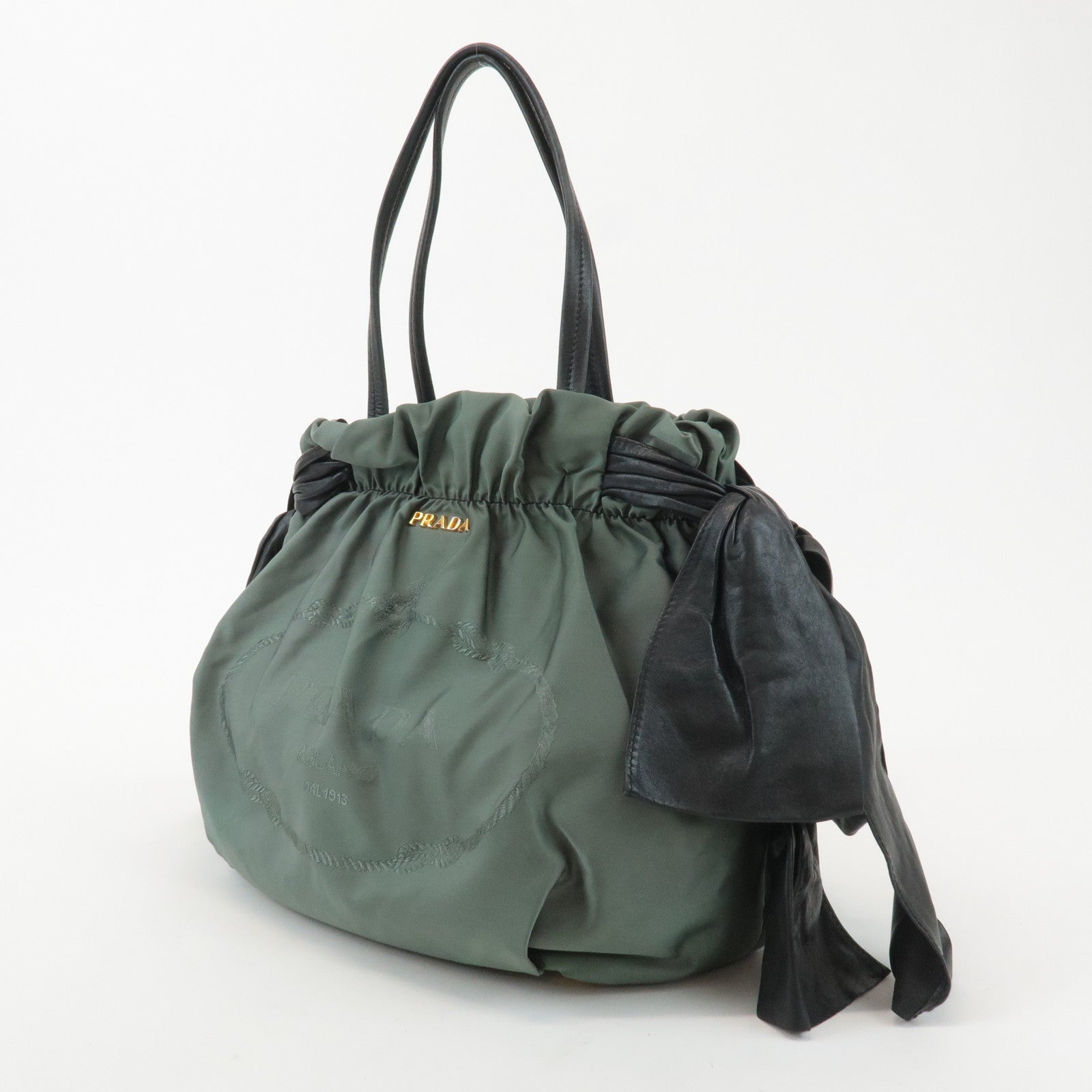 PRADA Nylon Leather Tote Bag Shoulder Bag Green Black