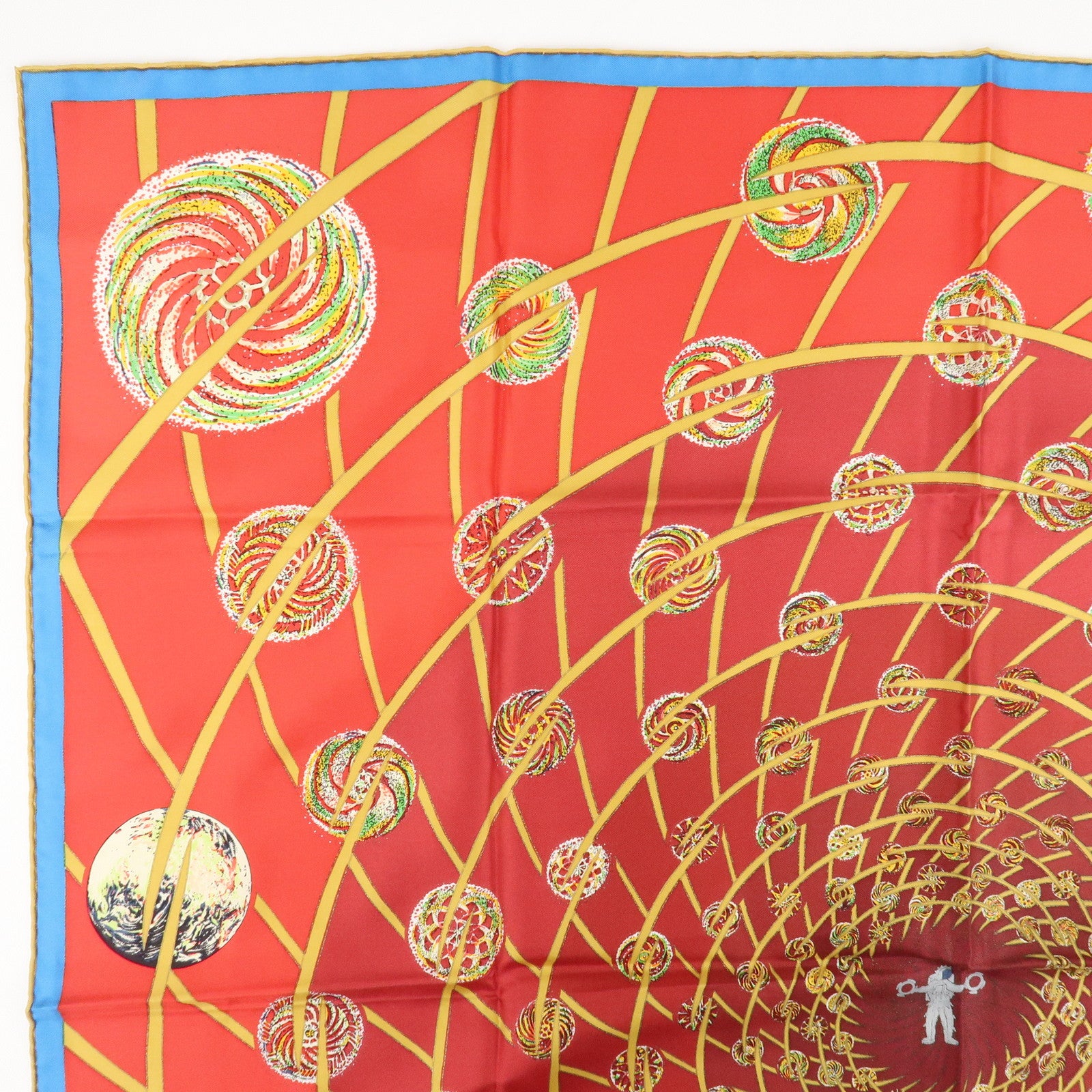 HERMES Carre 90 Silk 100% Scarf LES FEUX DE LESPACE Red Gold Blue