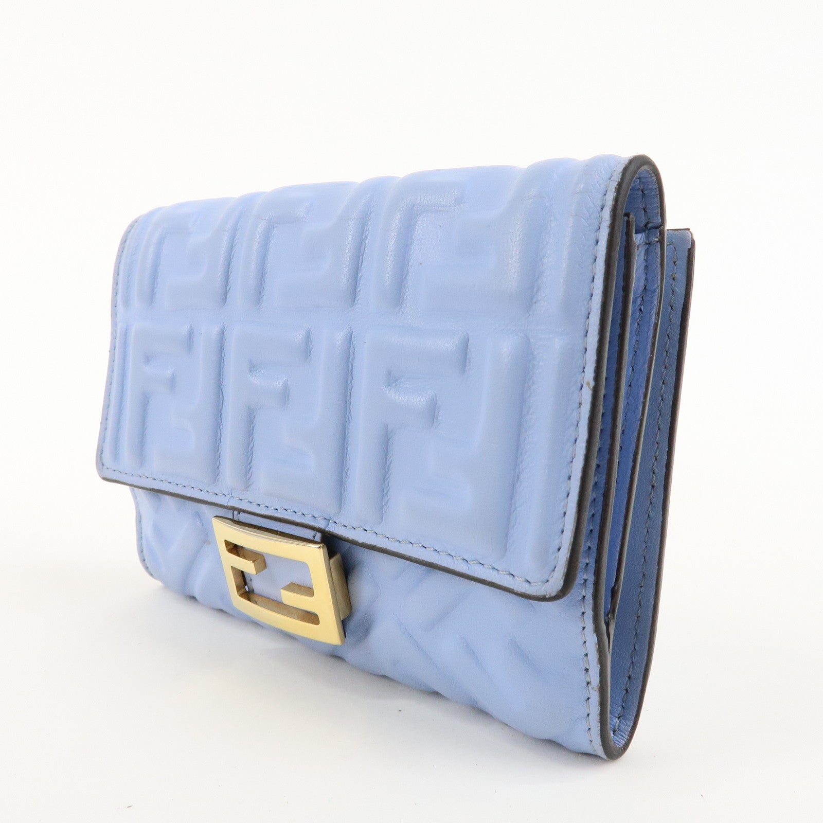 FENDI Leather Embossed Bi-fold Wallet Light Blue 8M0419