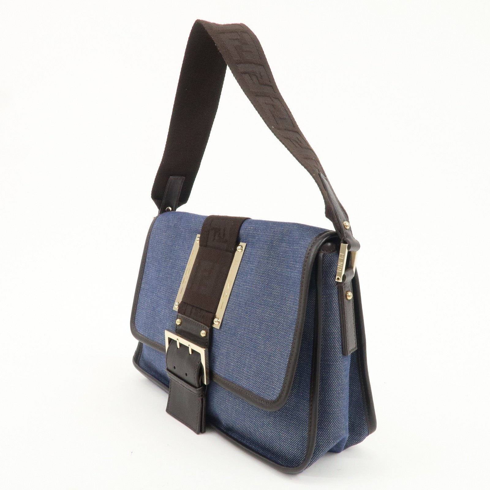 FENDI Zucca Denim Leather Shoulder Bag Hand Bag Blue Brown 8BR495