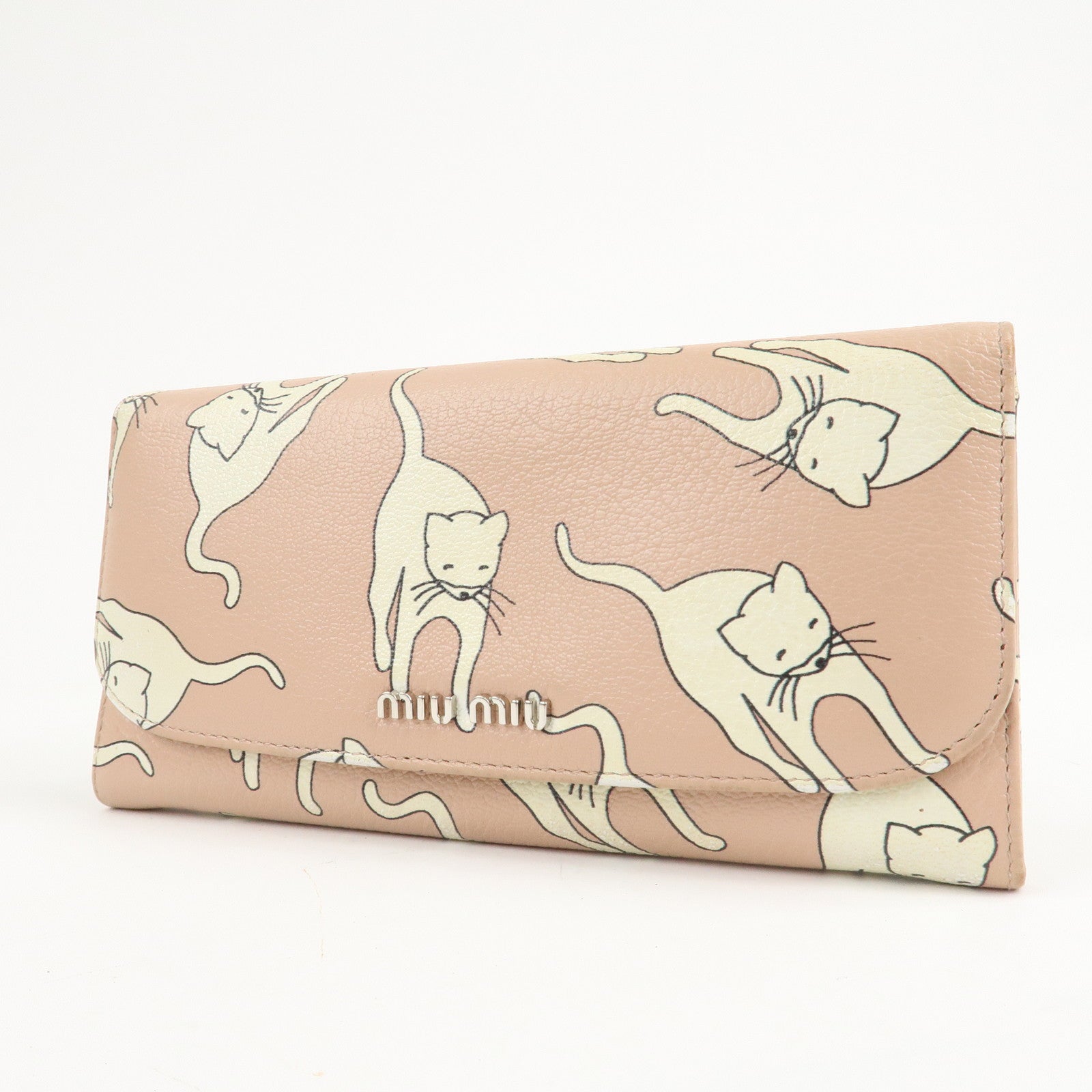 MIU MIU Leather Cat Motif Long Wallet Pink Beige 5MH109