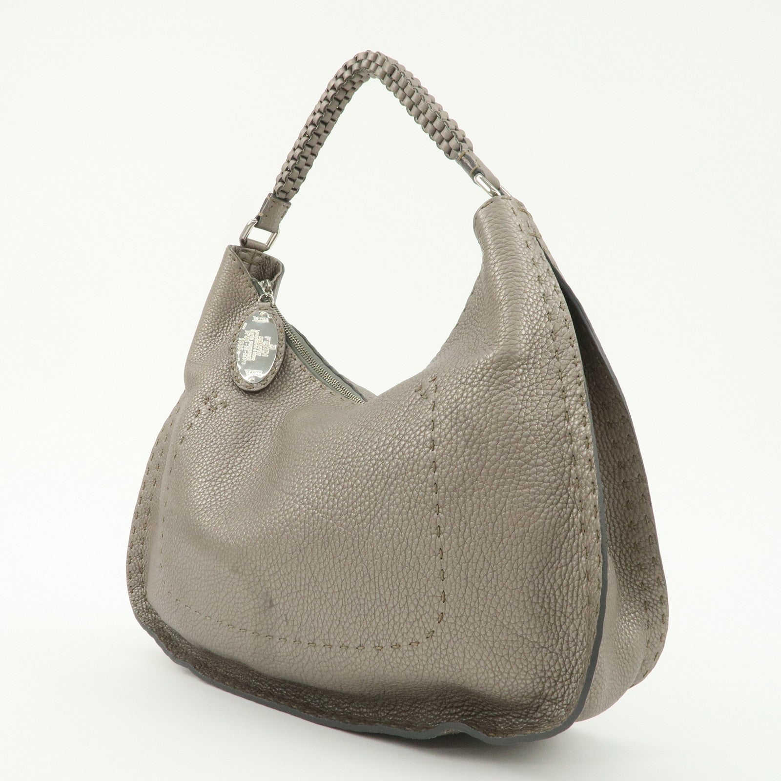 FENDI Selleria Leather Shoulder Bag Hand Bag Gray 8BR582