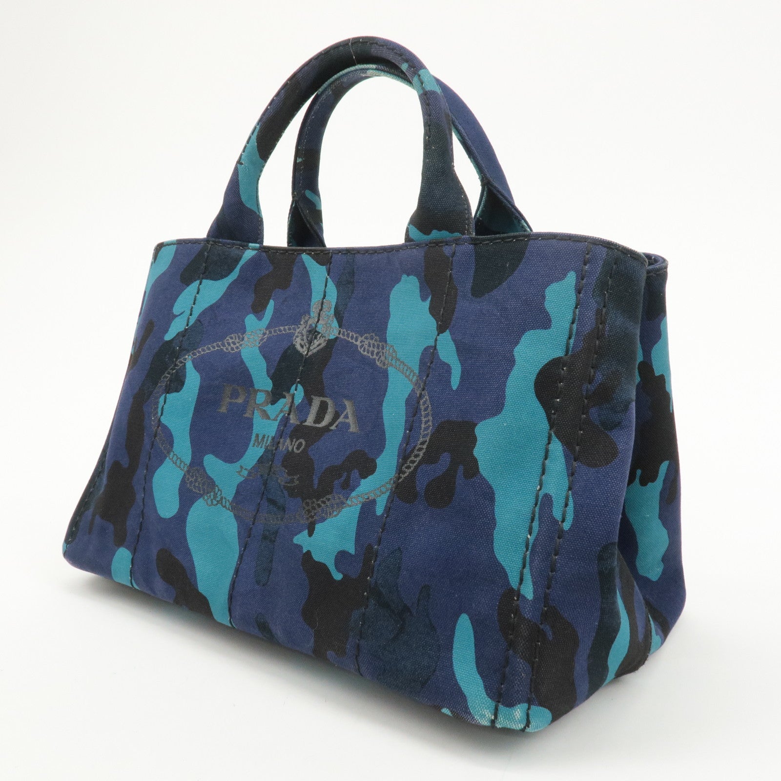 PRADA Logo Canapa Canvas 2 Way Tote Bag Camouflage Blue B2642B