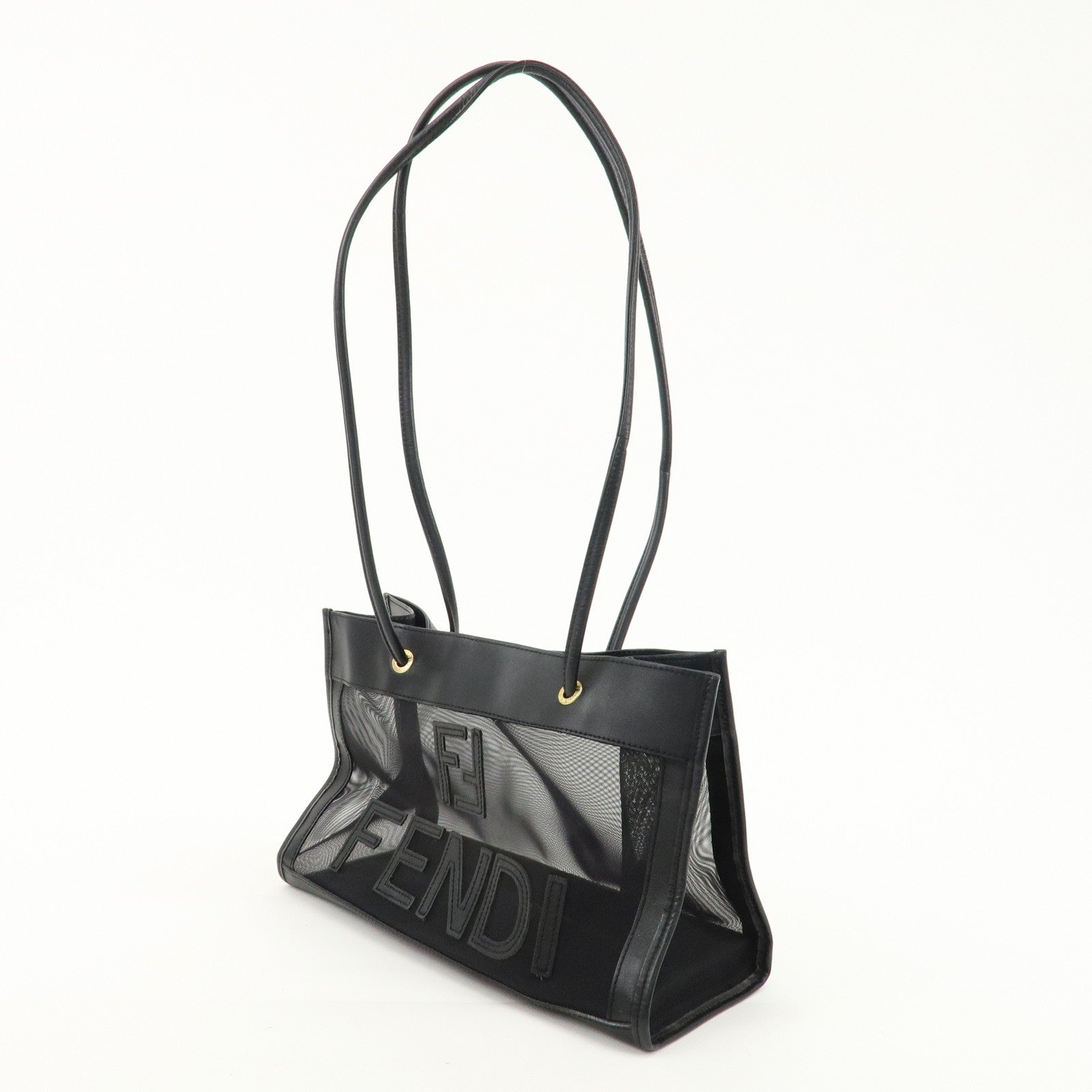 FENDI Mesh Leather Logo Tote Bag Hand Bag Black Small