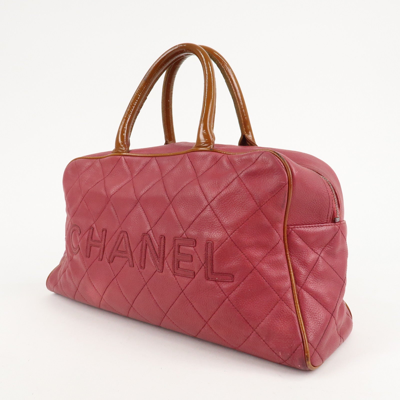 CHANEL Matelasse Caviar Skin Patent Boston Bag Hand Bag Red