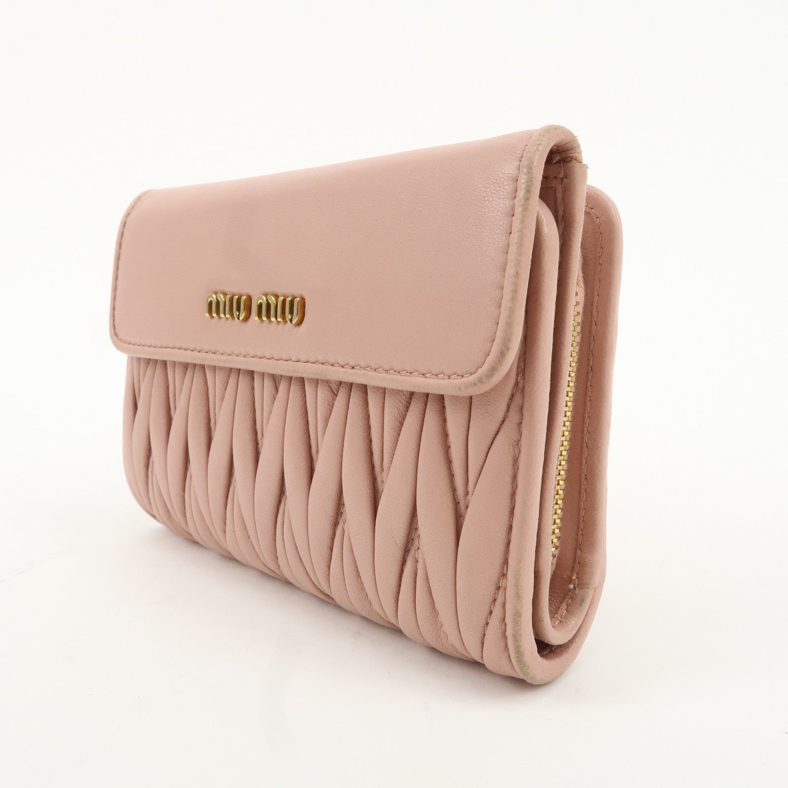 MIU MIU Matelasse Leather Round Zipper Bi-fold Wallet Pink