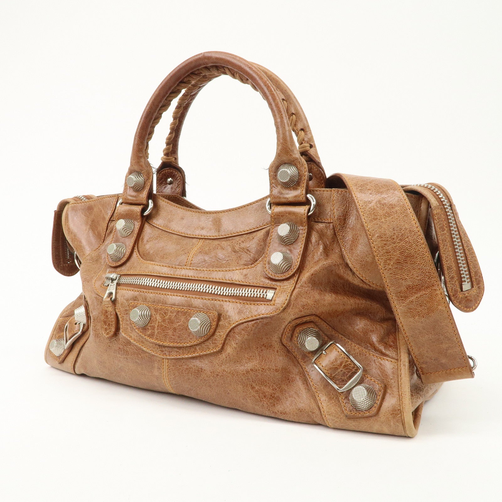 BALENCIAGA Giant City 2Way Bag Hand Bag Brown Silver HDW 173082 Used