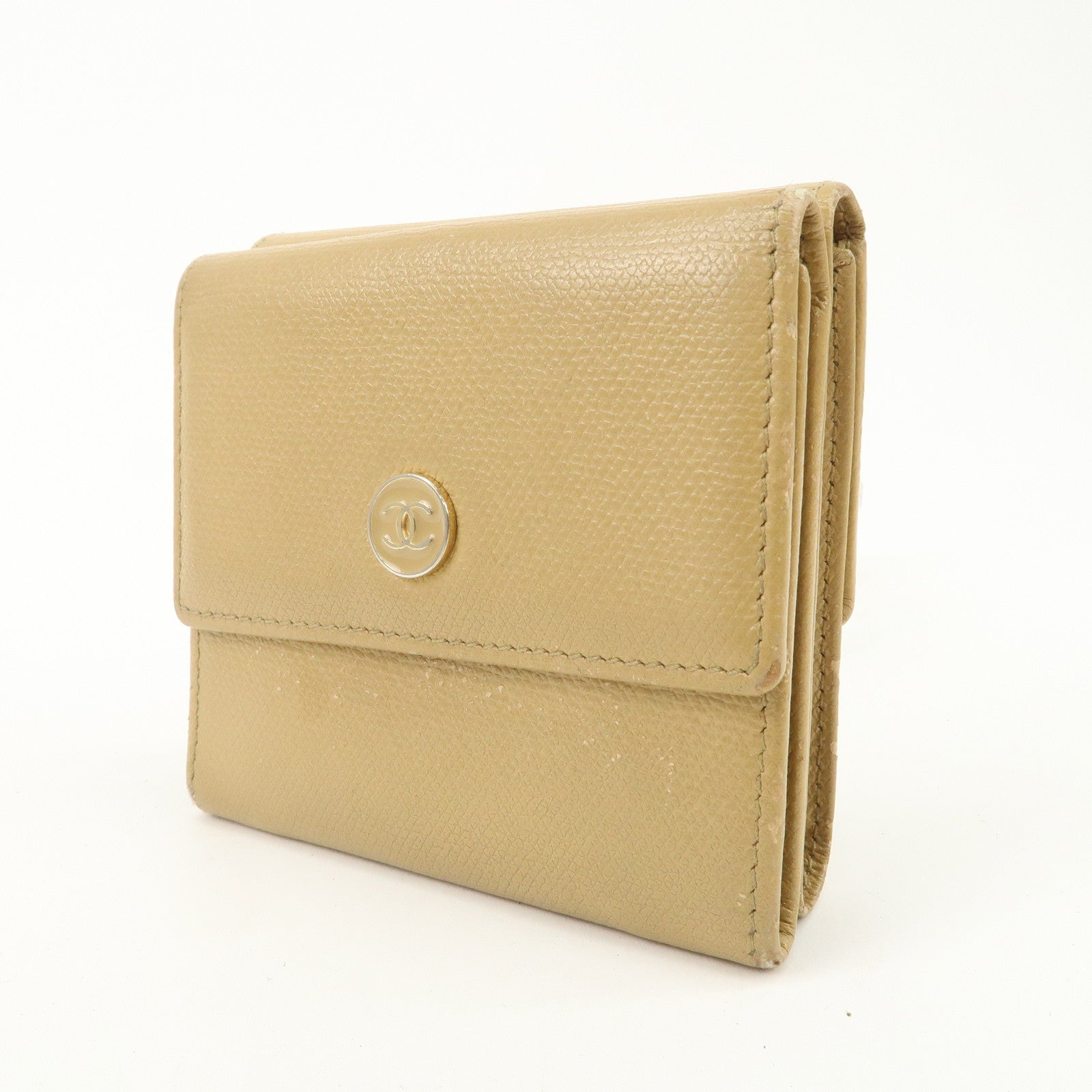 CHANEL Leather COCO Botton W Hook Wallet Beige Used