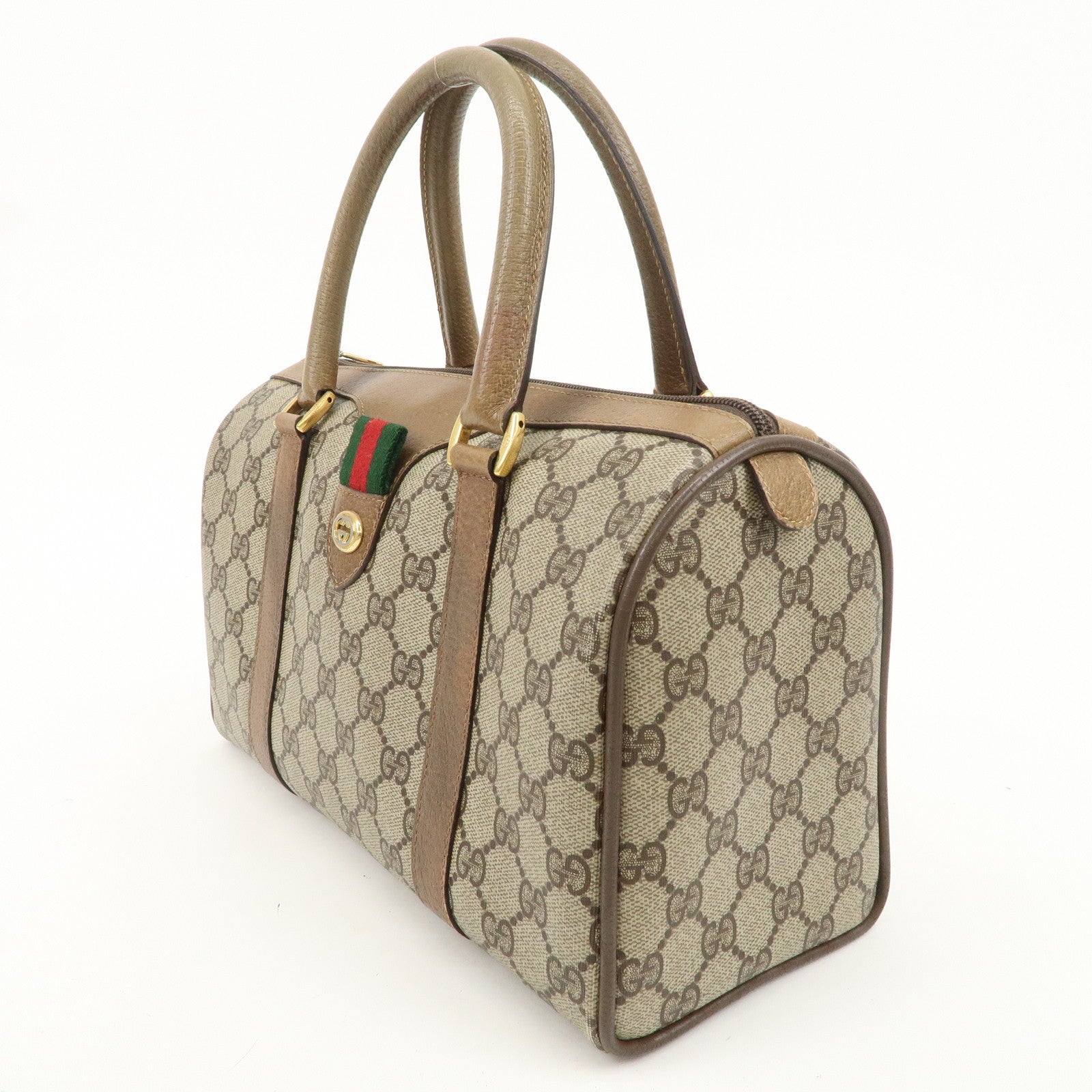 GUCCI Old Gucci Sherry GG Plus Leather Boston Bag Beige Brown