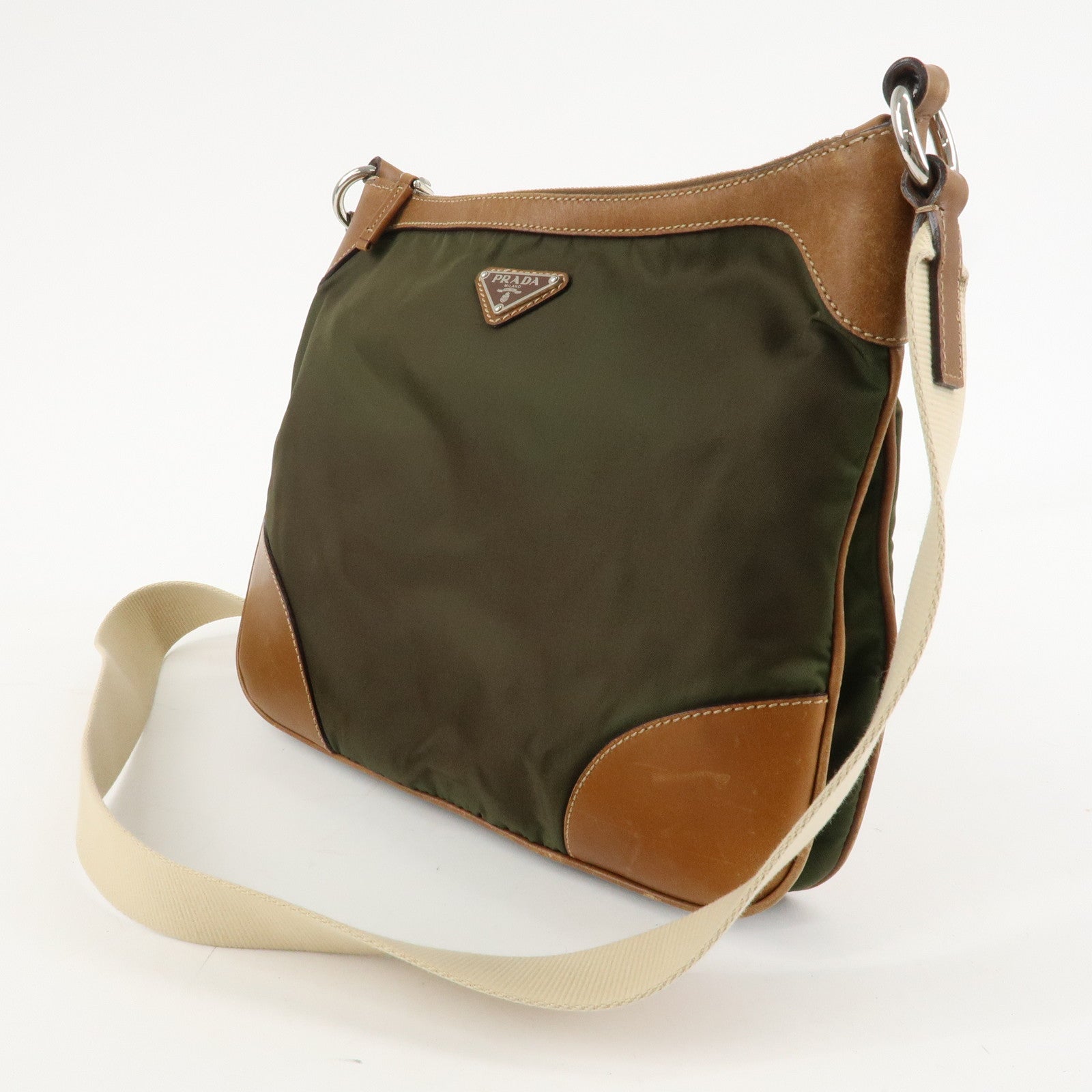 PRADA Nylon Leather Triangle Logo Shoulder Bag Khaki BT0507 Used