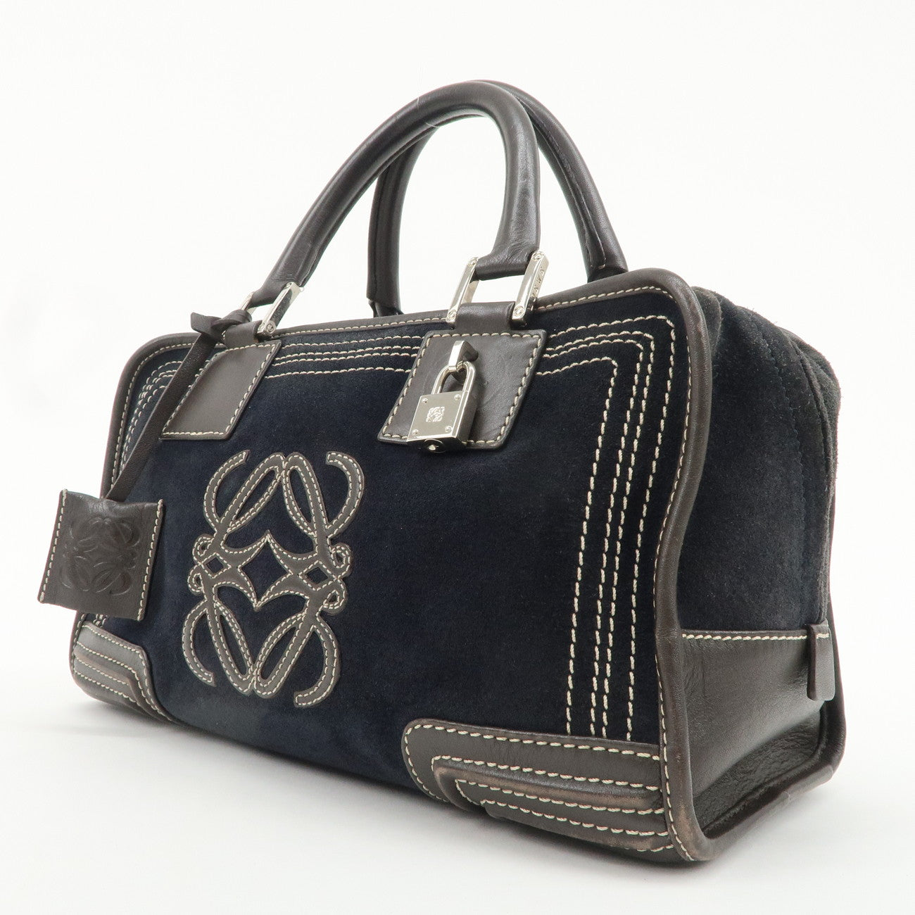 LOEWE Leather Suede Amasona28 Hand Bag Navy Brown