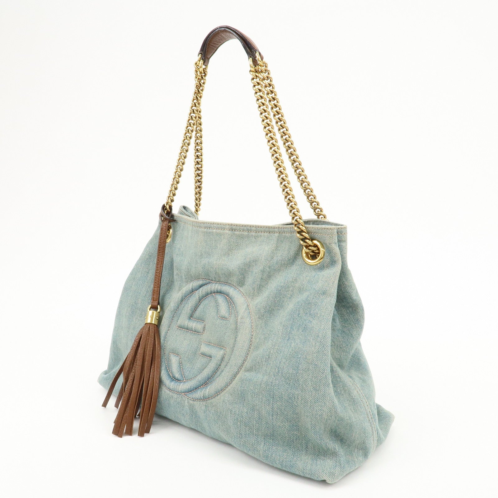 GUCCI SOHO Denim Leather Chain Shoulder Bag Purse Blue 308982