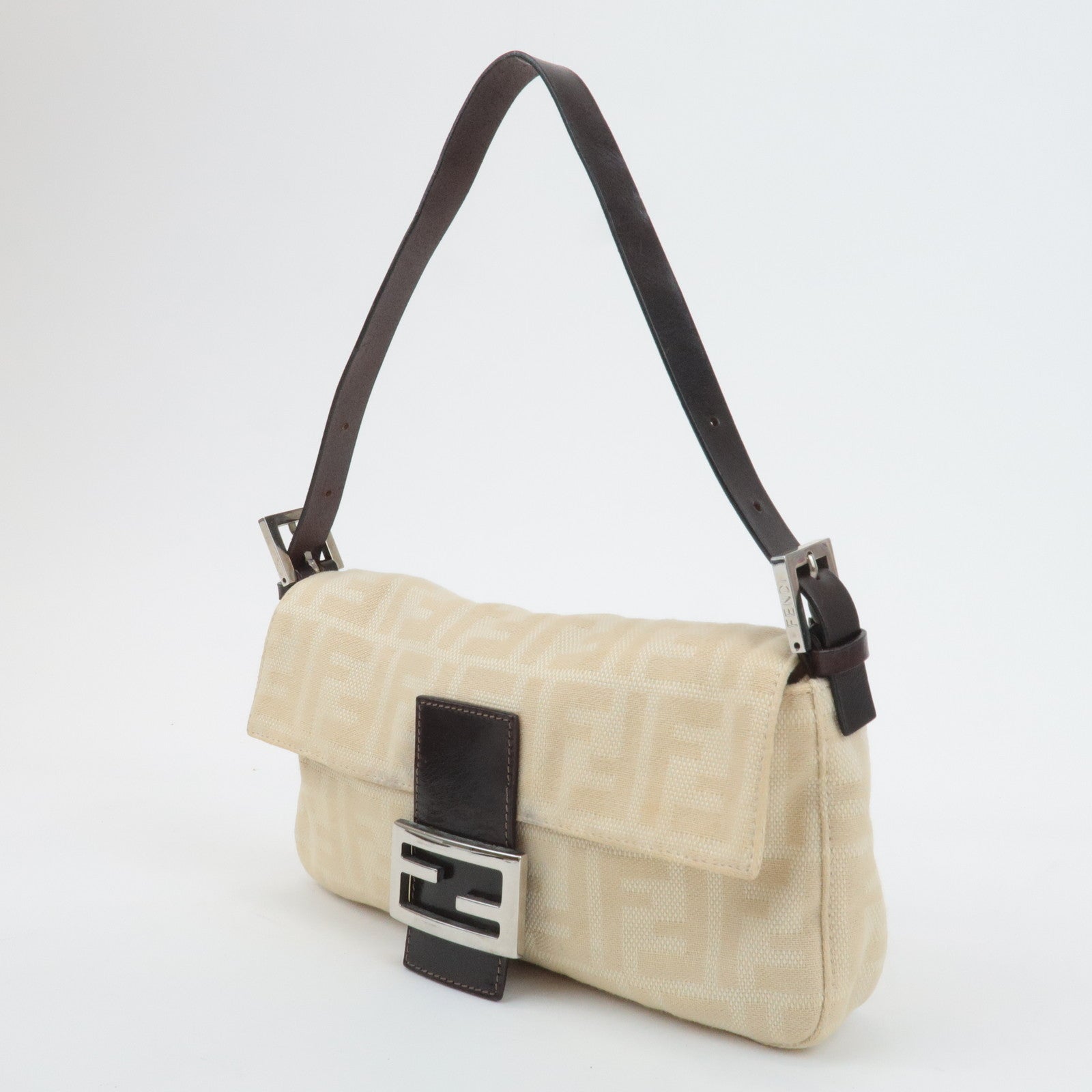 FENDI Mamma Baguette Canvas Leather Shoulder Bag Beige 26424