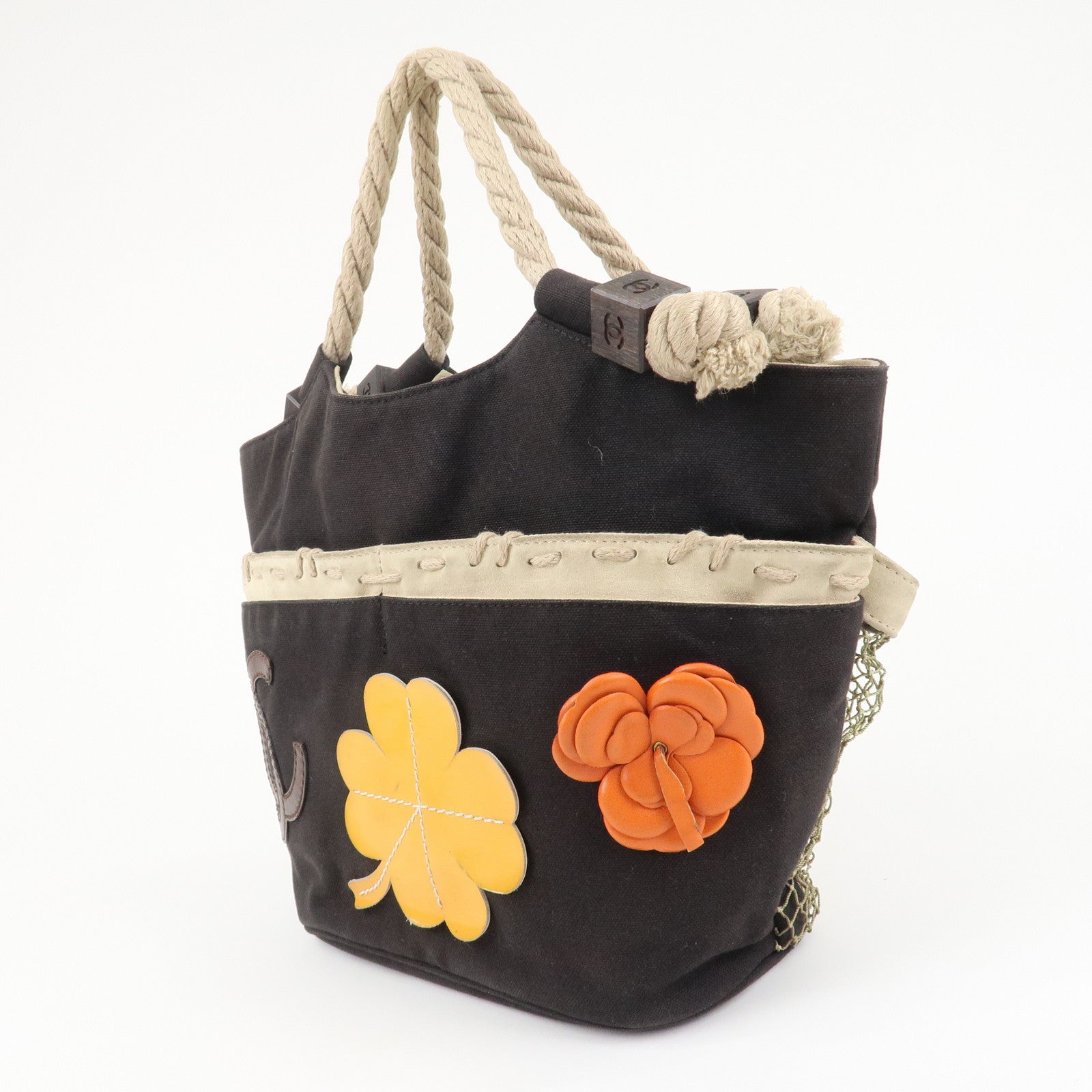 CHANEL COCO Mark Camellia Canvas Suede Tote Bag Black A21385 Used