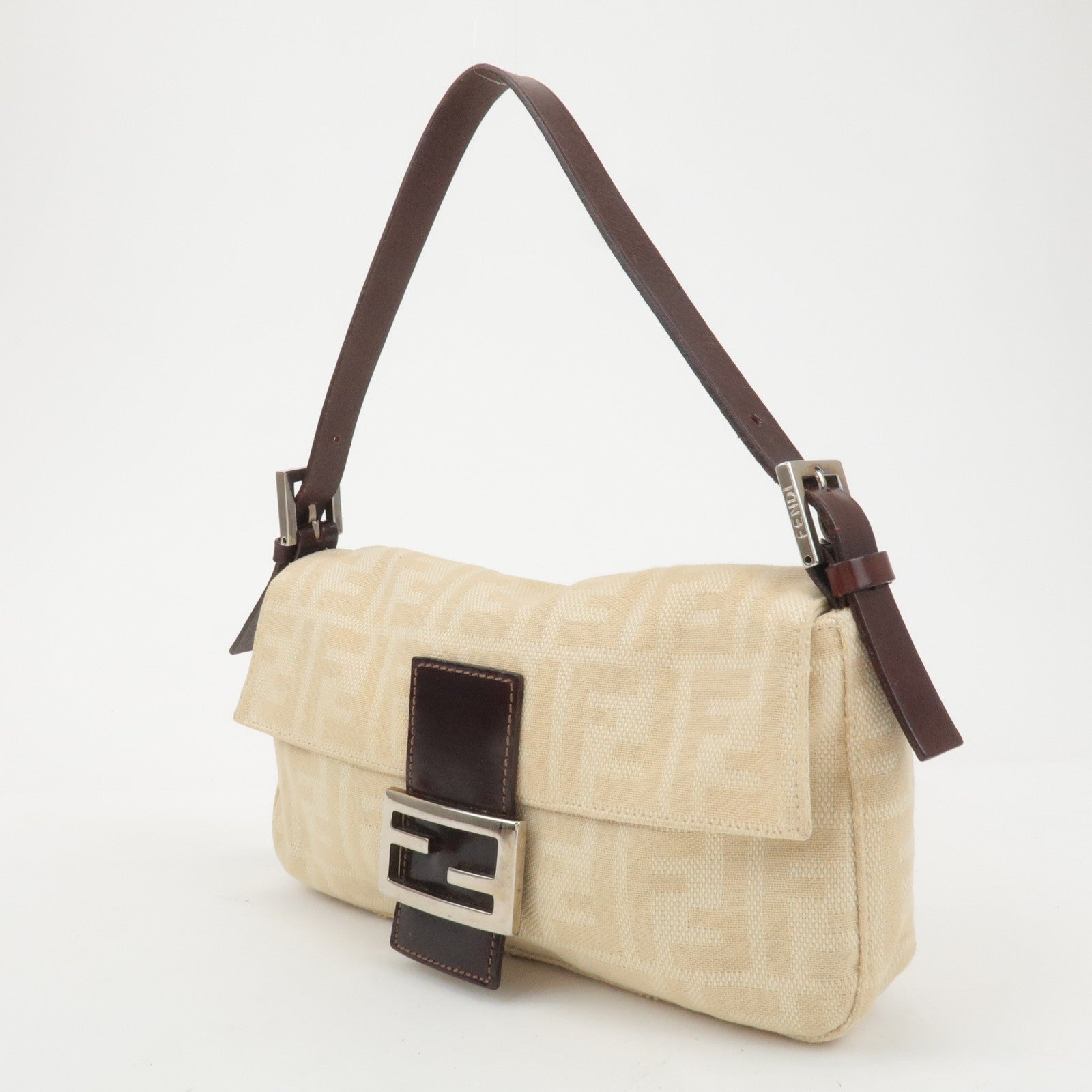 FENDI Mamma Baguette Canvas Leather Shoulder Bag Beige 26424