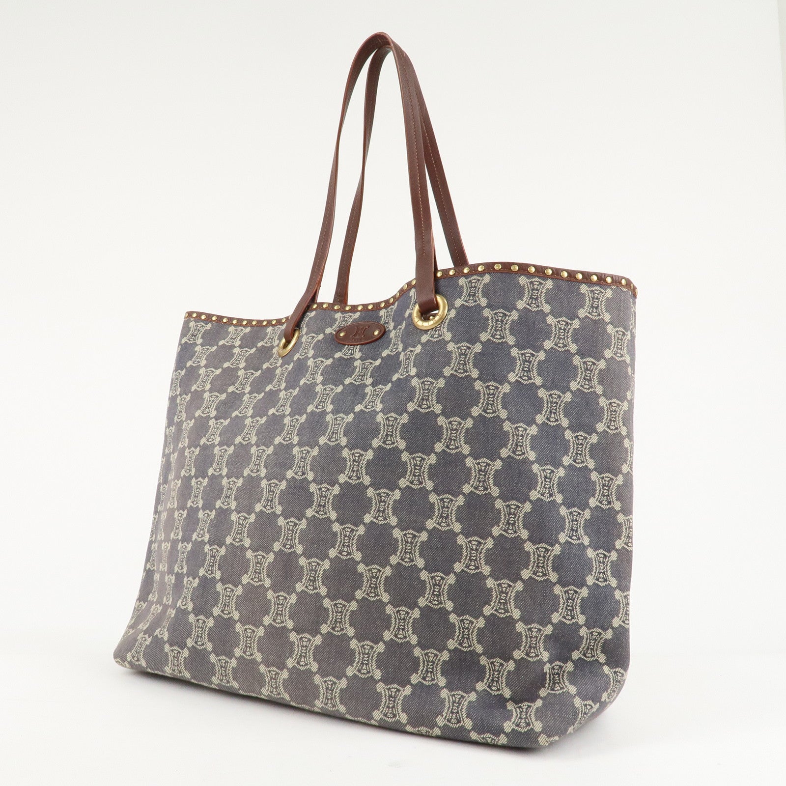 CELINE Macadam Denim Leather Studs Tote Bag Navy Brown Used