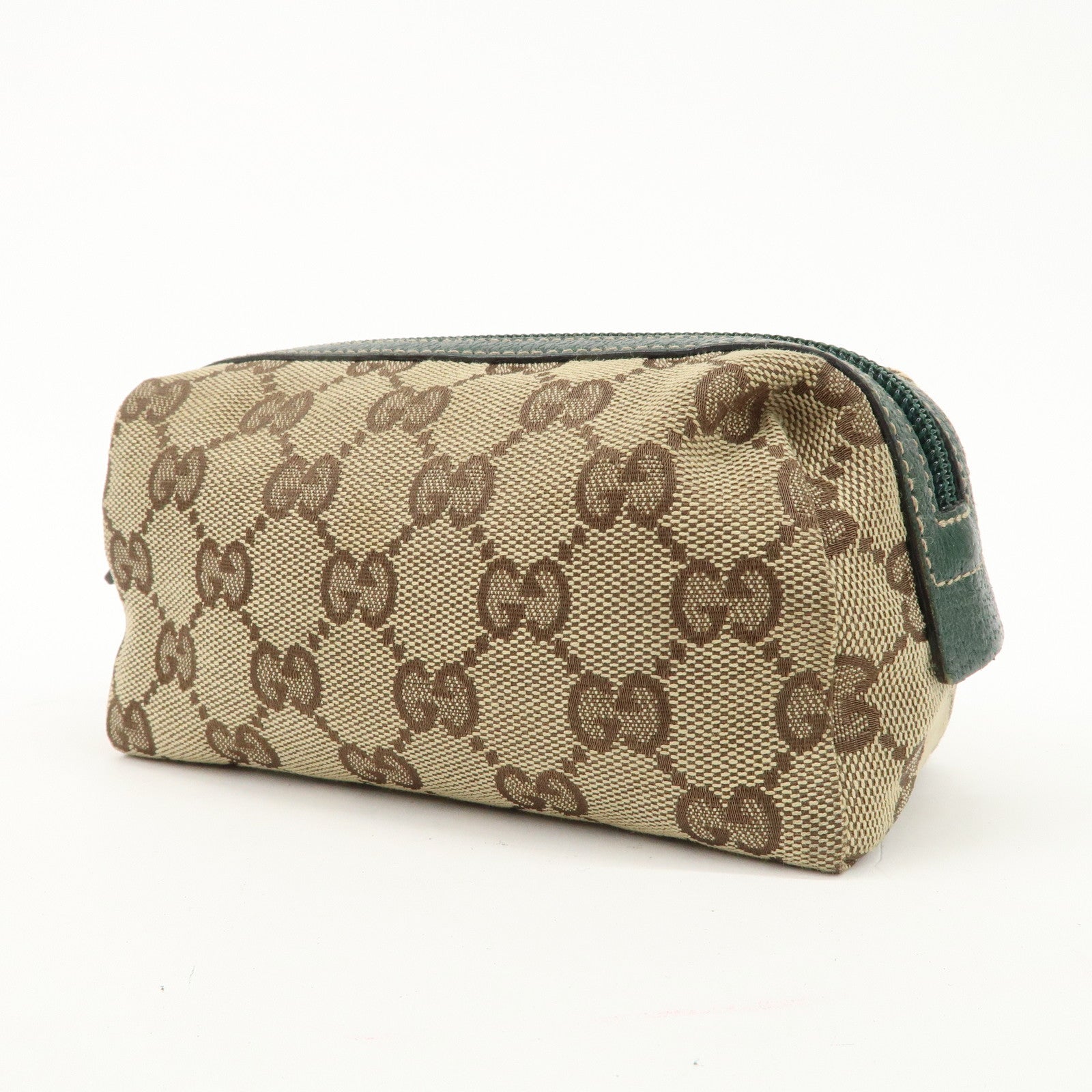 GUCCI GG Canvas Leather Cosmetic Pouch Beige Green 29596