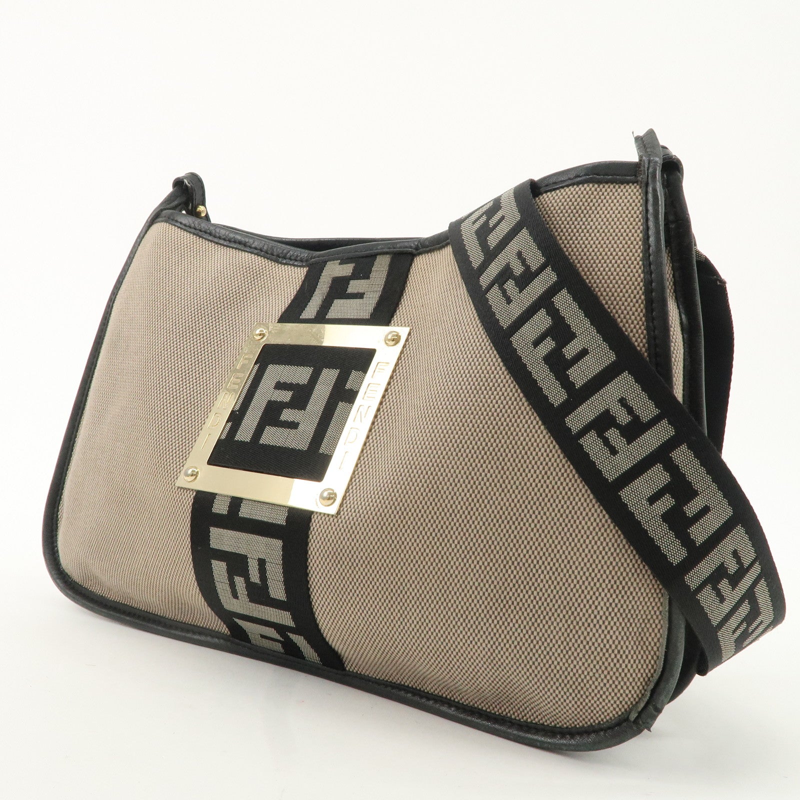 FENDI Logo Zucca Canvas Leather Shoulder Bag Beige Black 8BT084