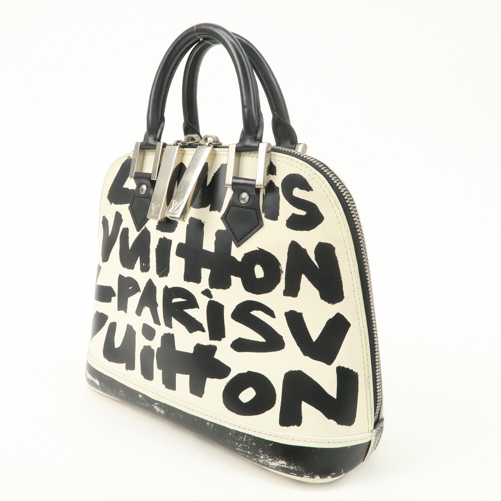 Louis Vuitton Graffiti Alma MM Hand Bag White Black Used