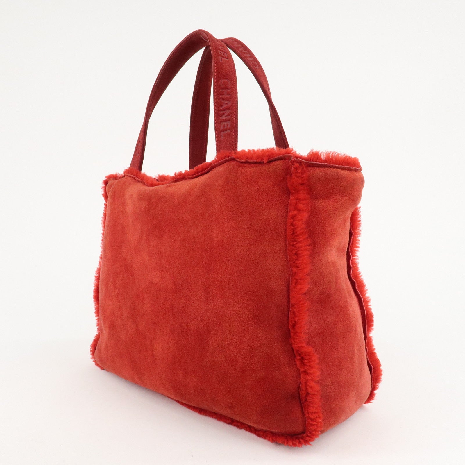 CHANEL Mouton Suede Tote Bag Hand Bag Shoulder Bag Red