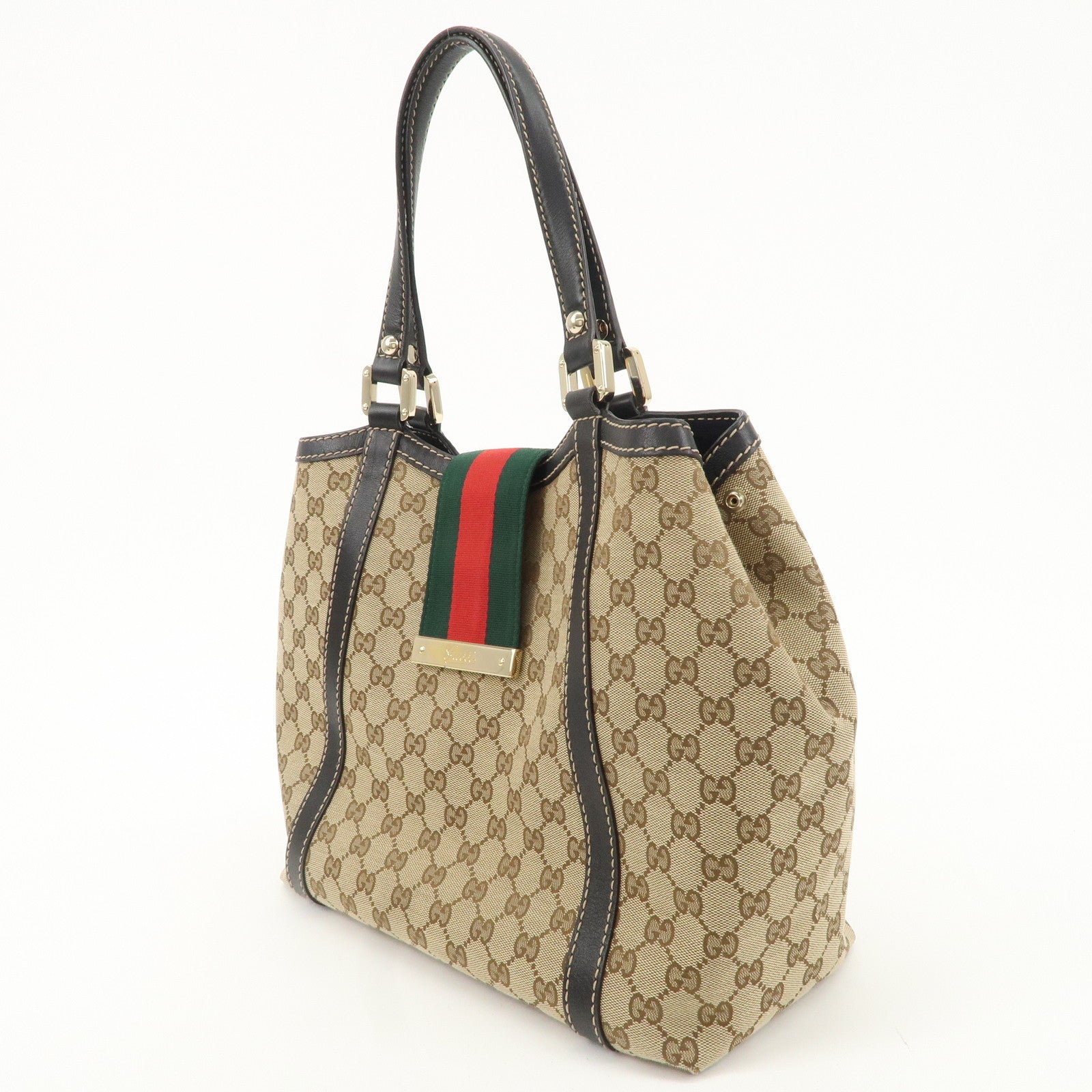 GUCCI Sherry GG Canvas Leather Tote Bag Beige Brown 233607