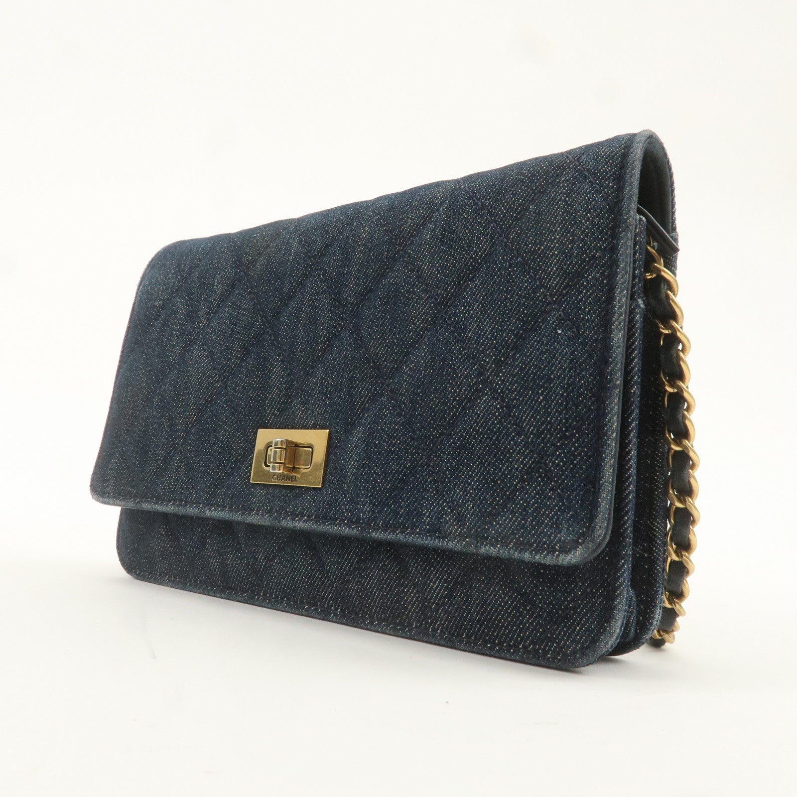 CHANEL 2.55 Denim Leather Chain Shoulder Wallet Blue A70328