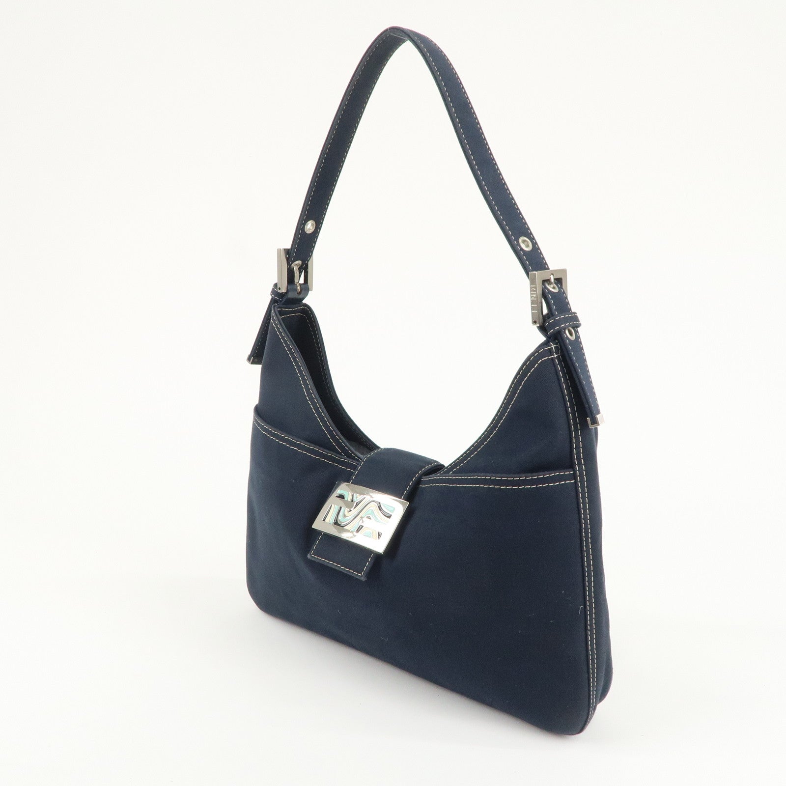 FENDI Cnavas Leather Hand Bag Shoulder Bag Navy Silver Hardware