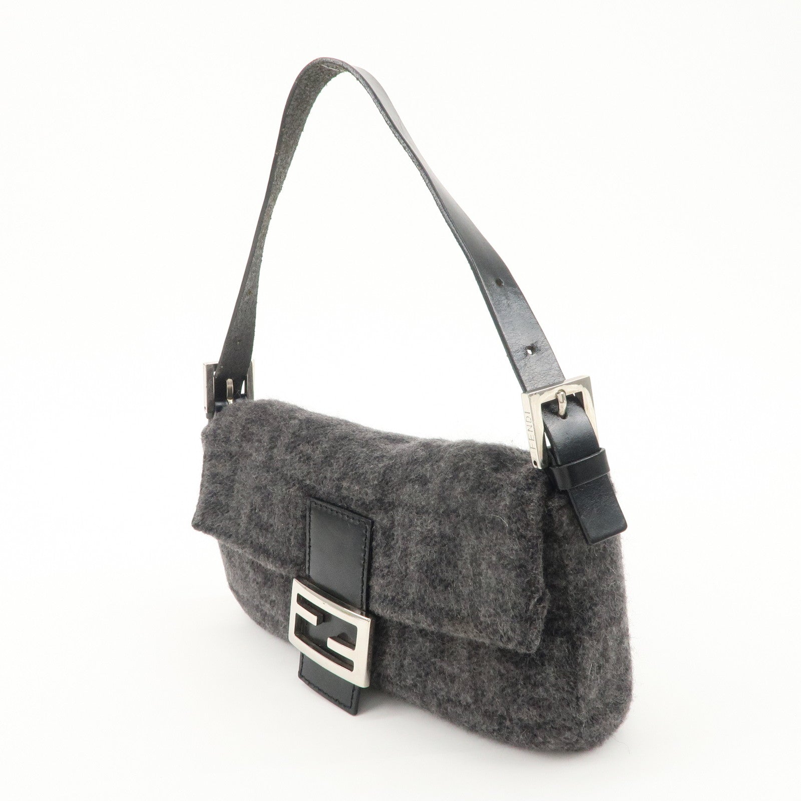 FENDI Mamma Baguette Zucca Wool Leather Shoulder Bag Gray 26424 Used