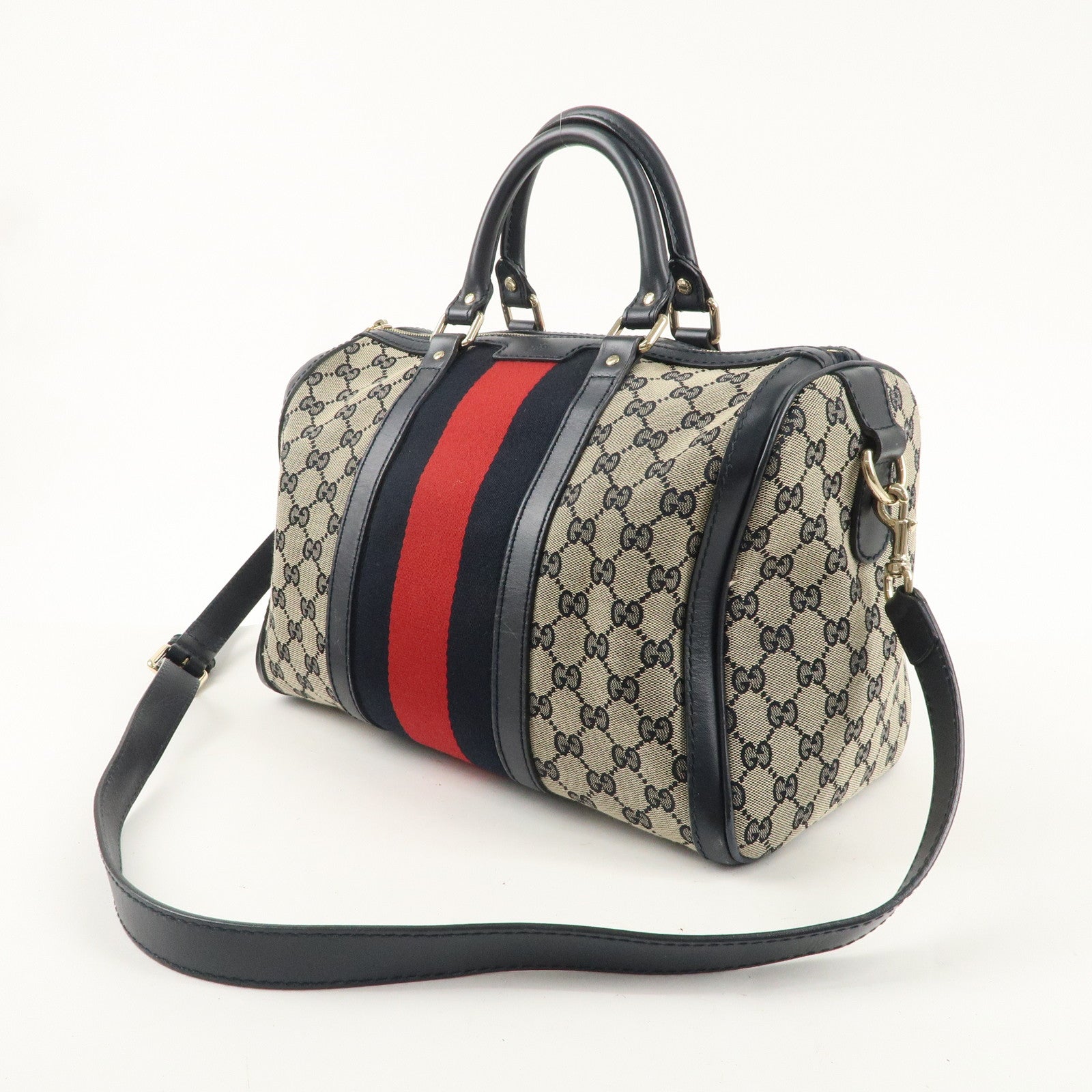 GUCCI Sherry GG Canvas Leather 2Way Boston Bag Navy 247205