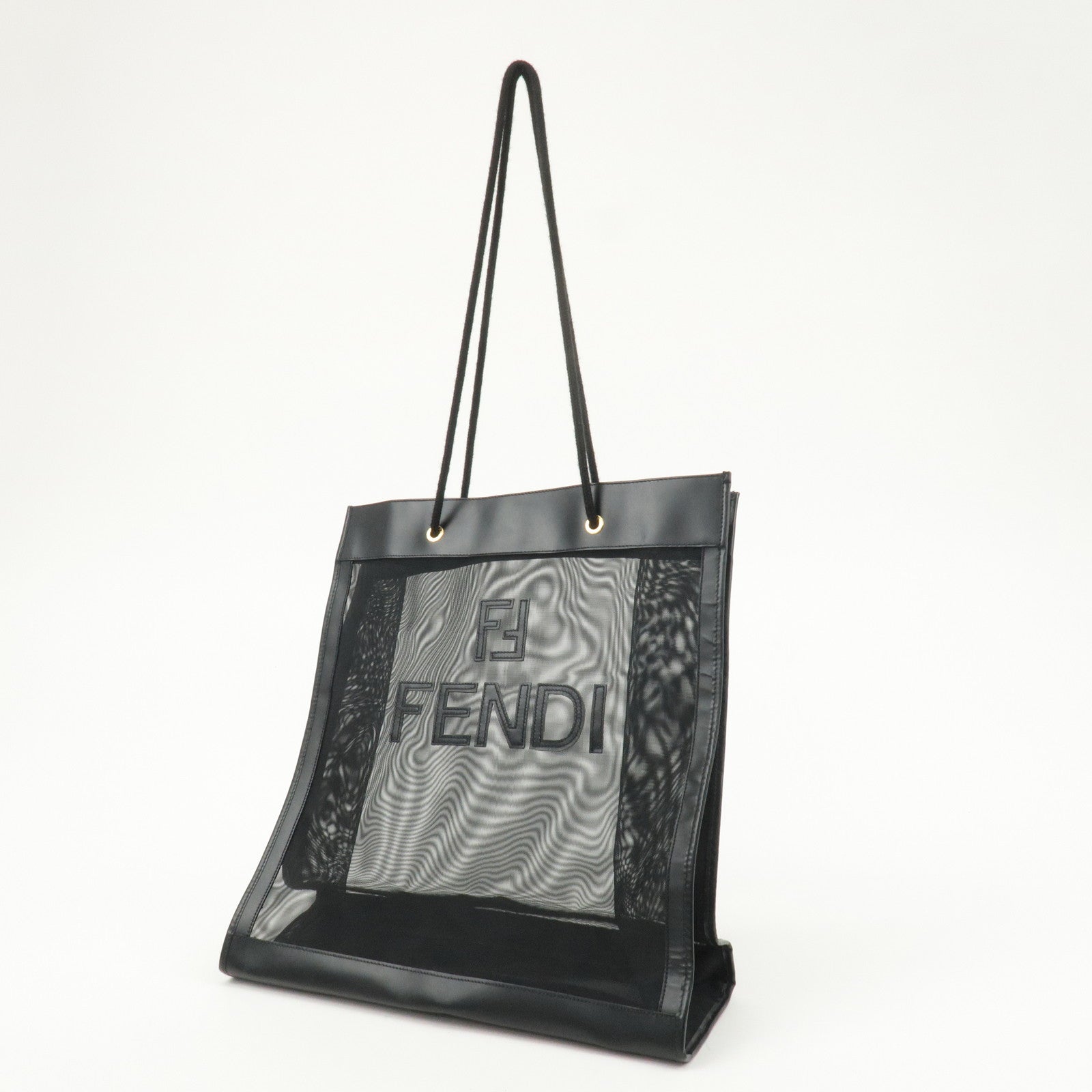 FENDI Mesh Leather Tote Bag Shoulder Bag Black 259642