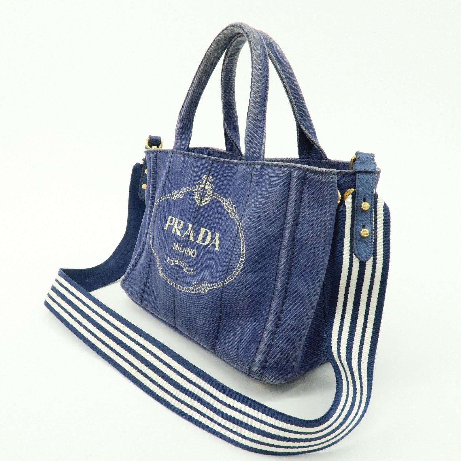 PRADA Canapa Mini Canvas 2Way Bag Hand Shoulder Bag Navy 1BG439