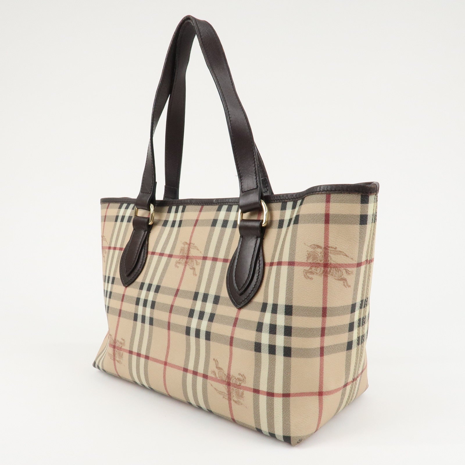 BURBERRY Nova Plaid PVC Leather Tote Bag Dark Brown Used