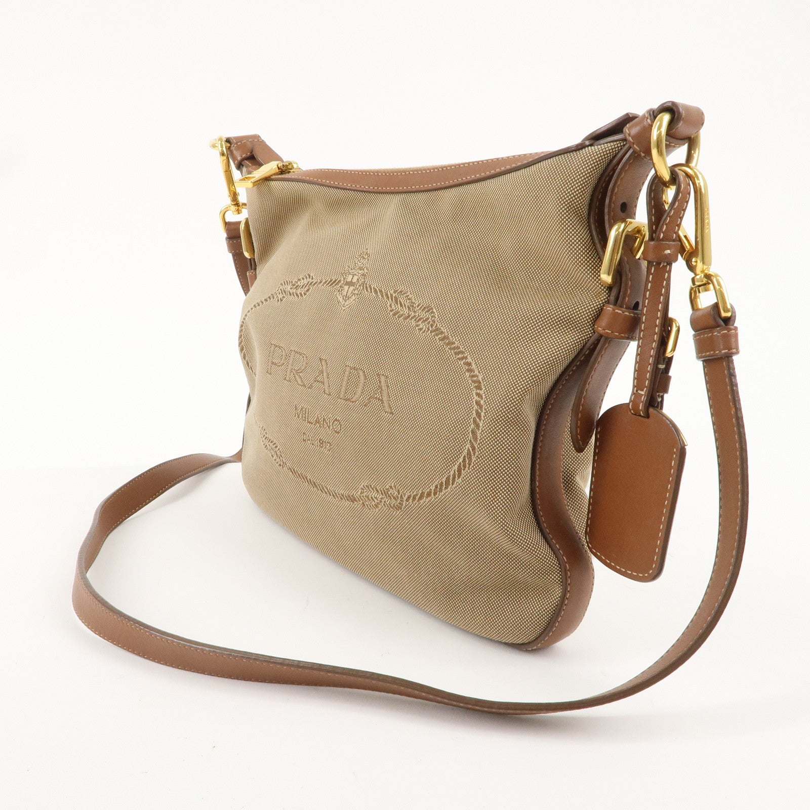 PRADA Logo Jacquard Leather Shoulder Bag Beige Brown BT0706