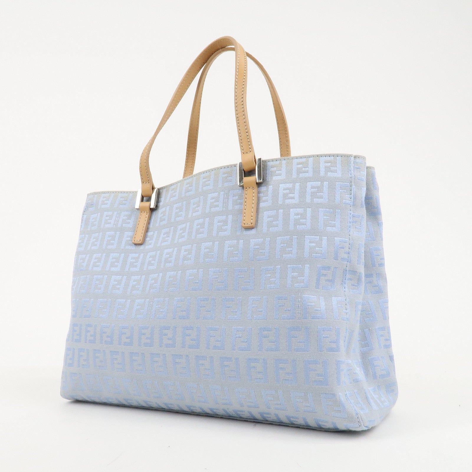 FENDI Zucchino Canvas Leather Tote Bag Light Blue Beige