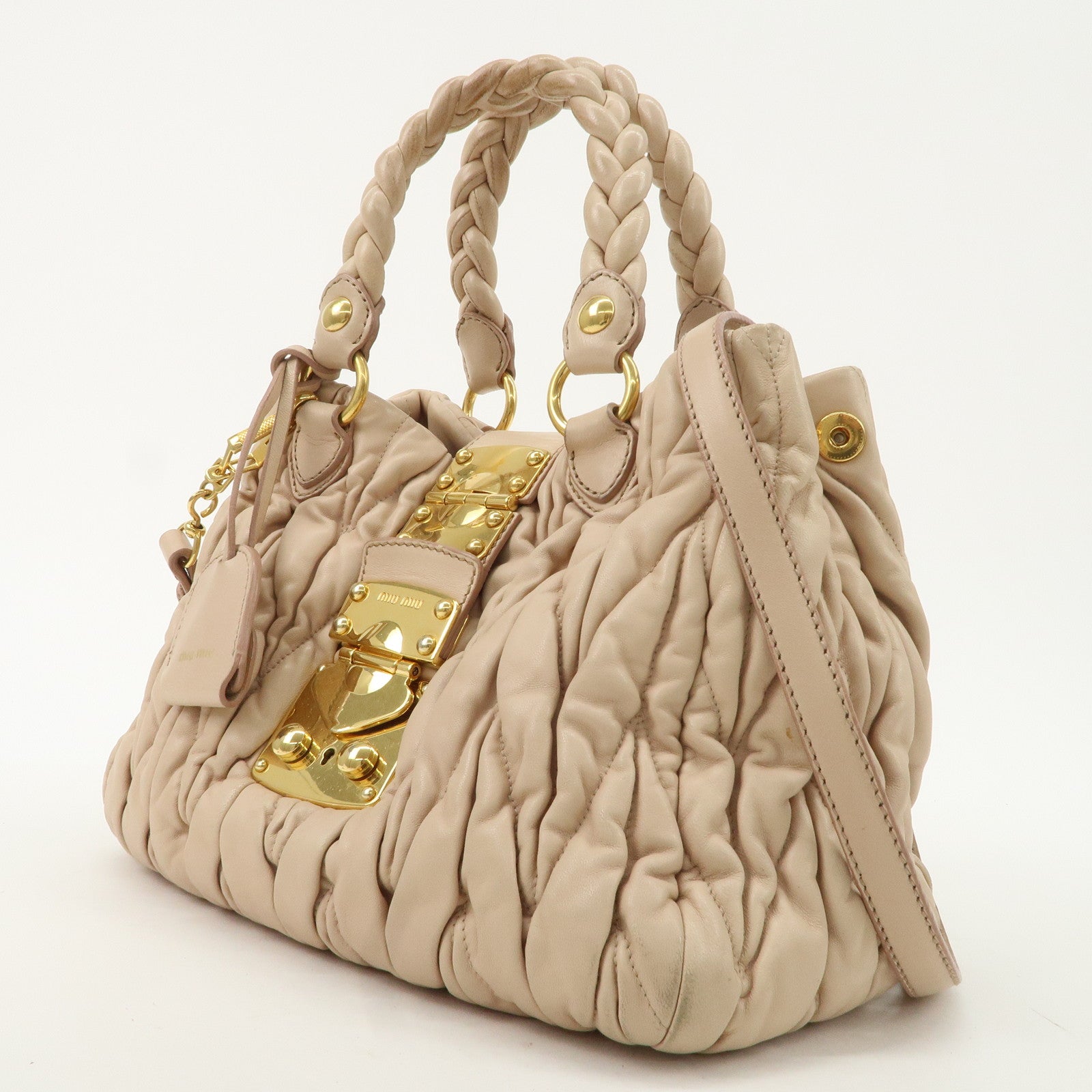 MIU MIU Matelasse Leather 2Way Bag Shoulder Bag Hand Bag Beige