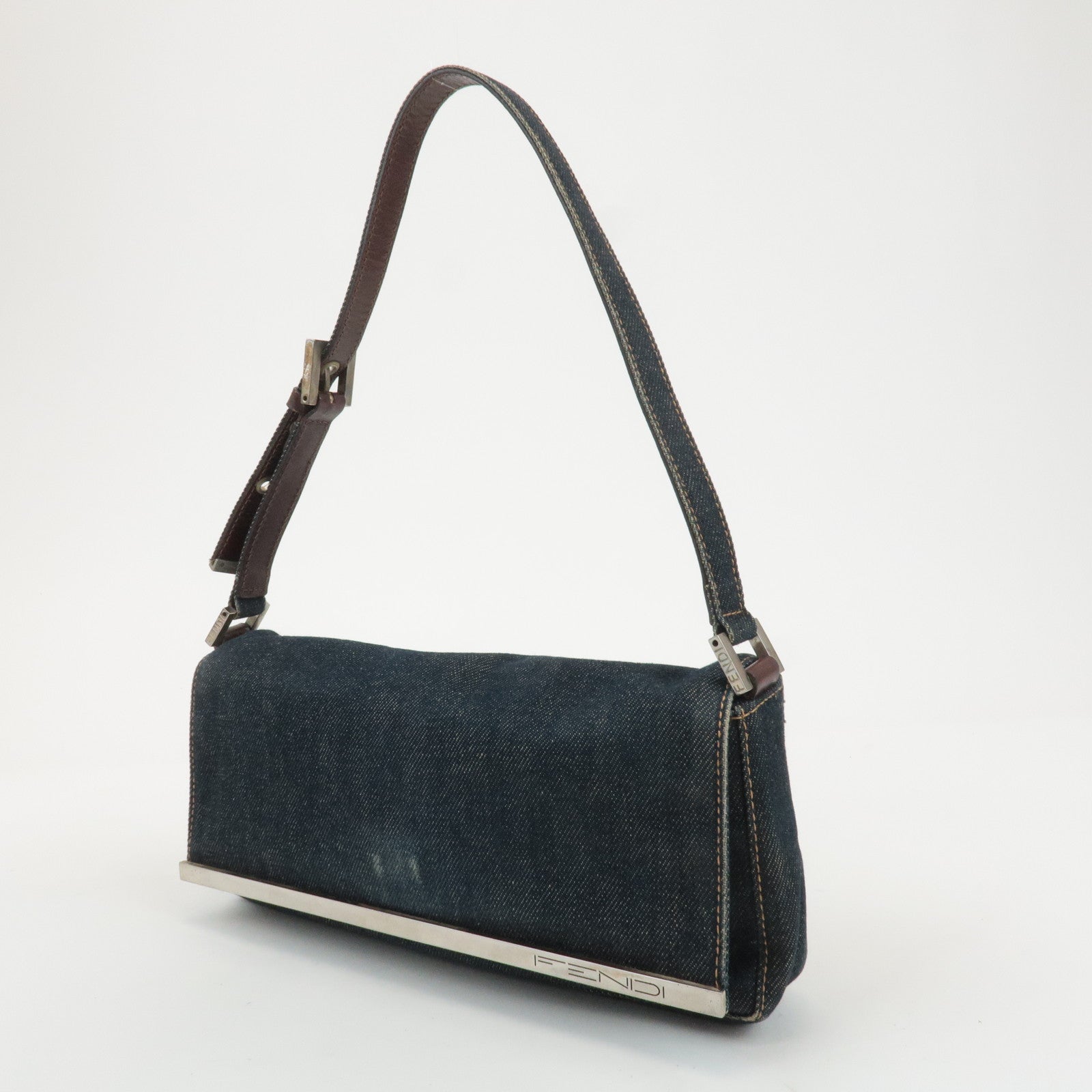 FENDI Denim Leather Shoulder Bag Indigo Brown 26640