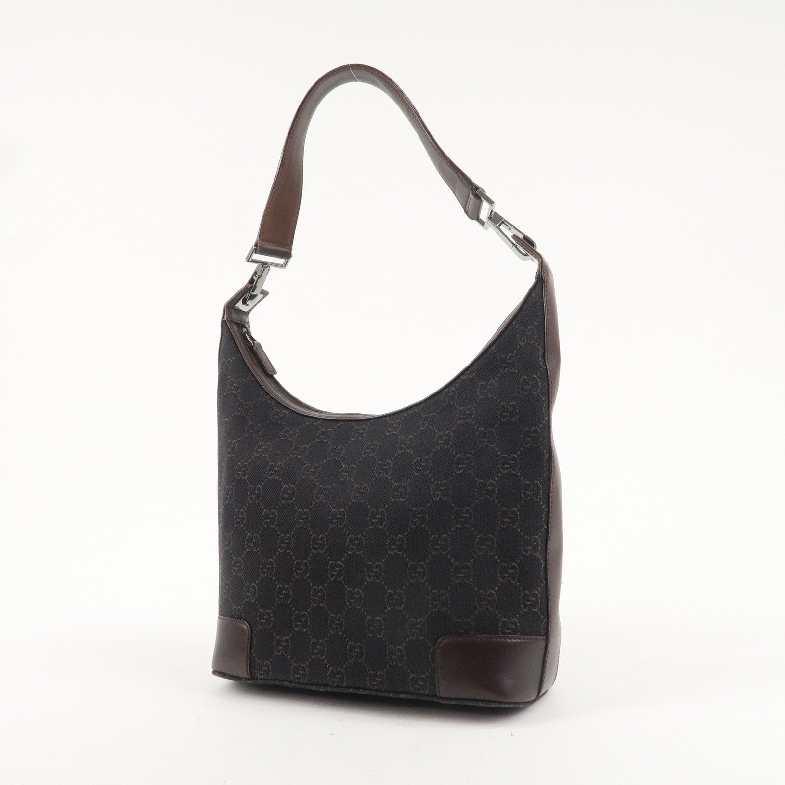 GUCCI GG Canvas Leather Shoulder Bag Black Brown 143744