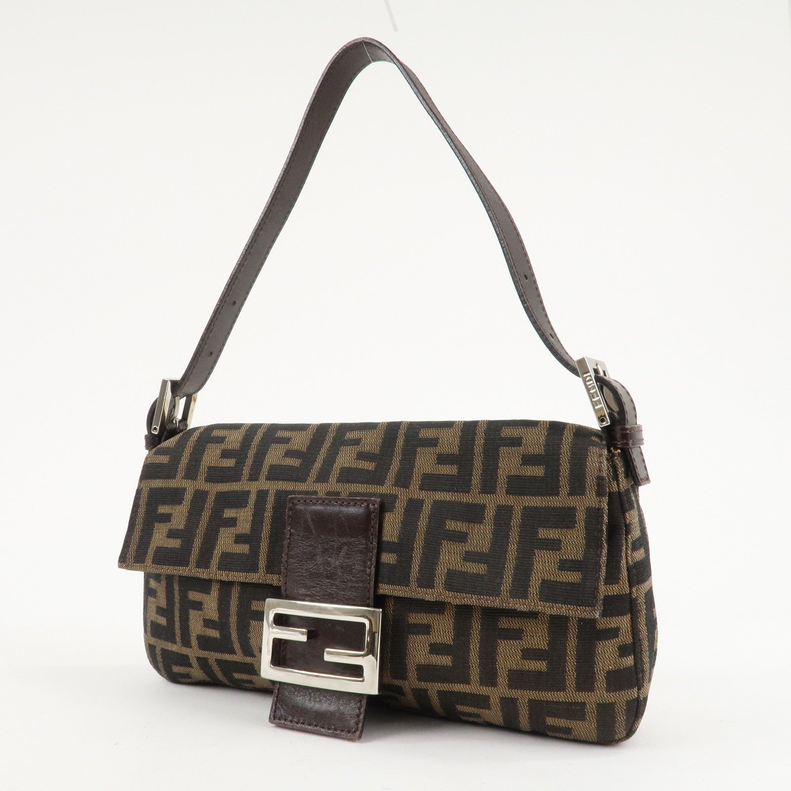 FENDI Mamma Baguette Canvas Shoulder Bag Brown Black 26424