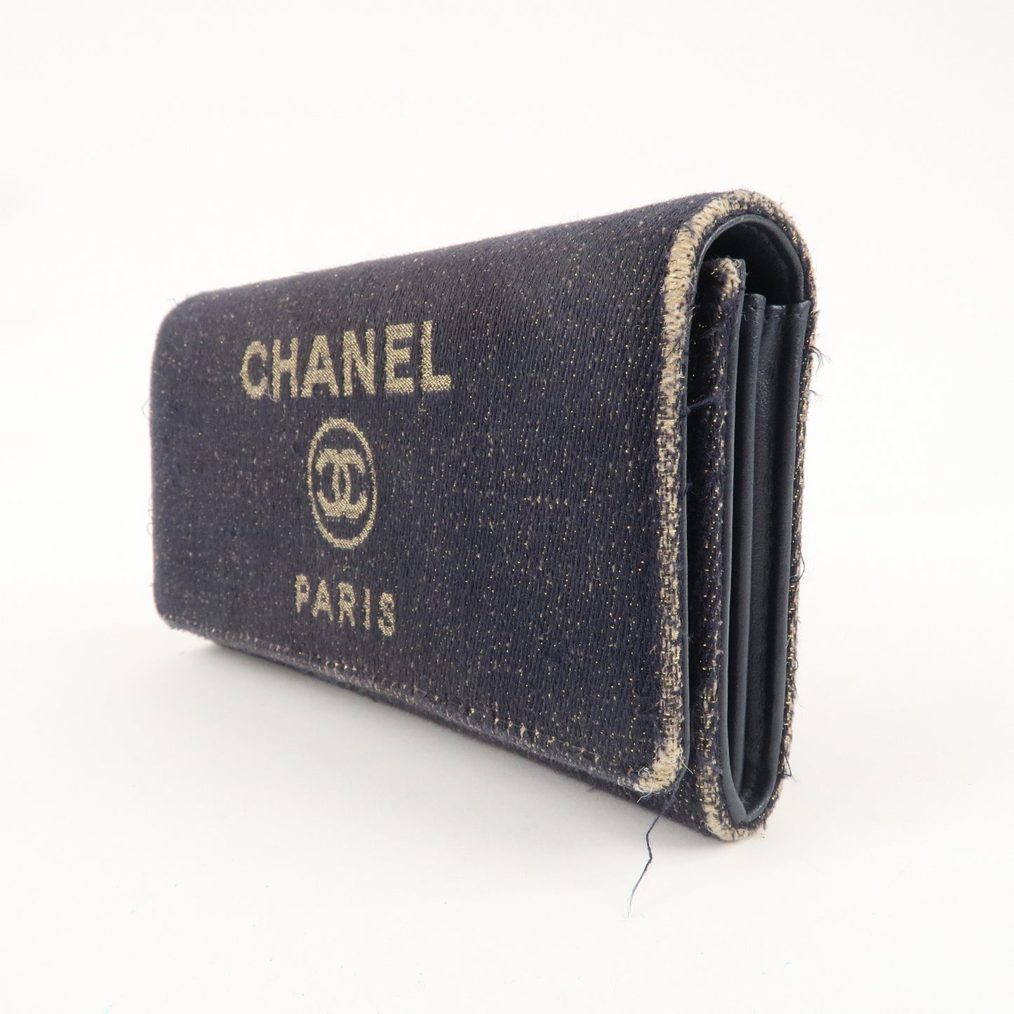 CHANEL Deauville Canvas Bi-fold Long Wallet Purse Navy Gold