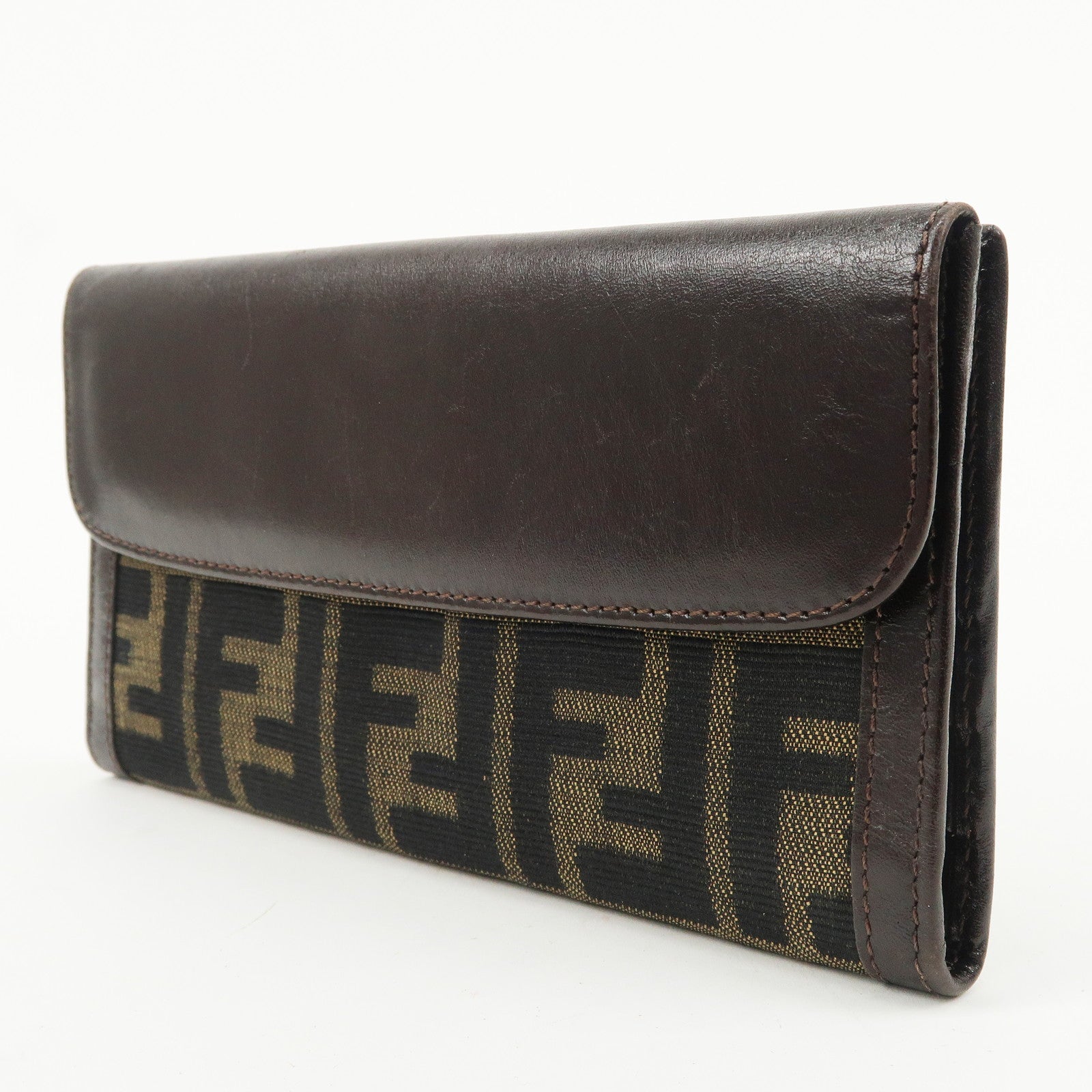 FENDI Zucca Canvas Leather W Hook Long Wallet Brown 1339