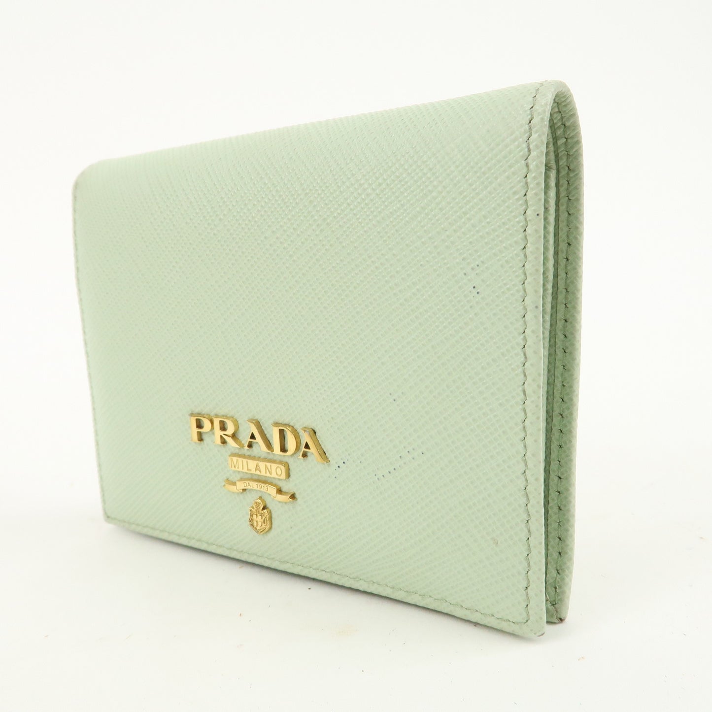 PRADA Logo Saffiano Leather Bi-Fold Small Wallet Light Green