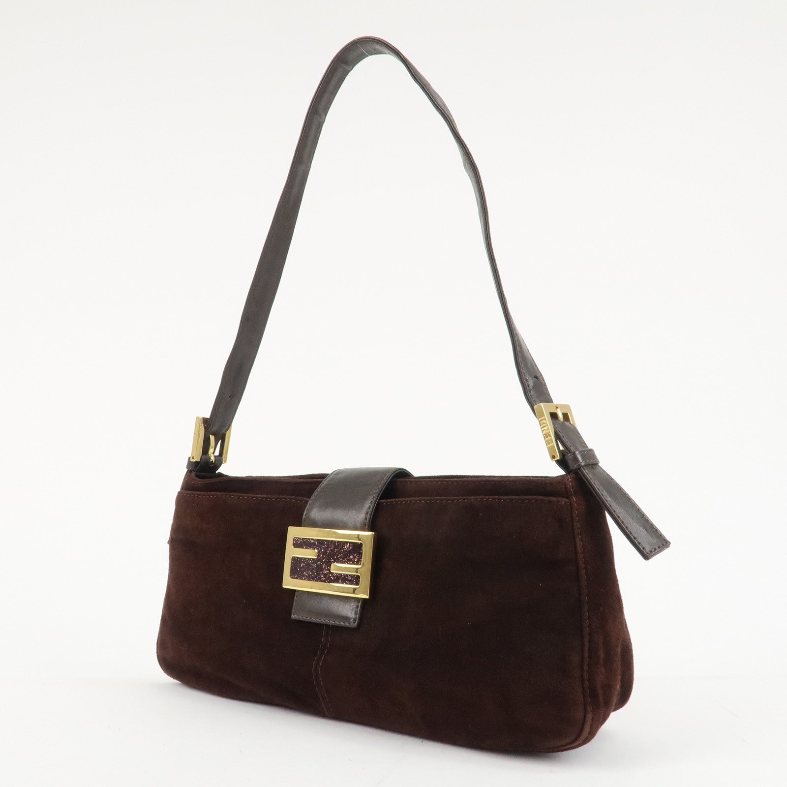 FENDI Suede Leather Shoulder Bag Dark Brown 26722 Used