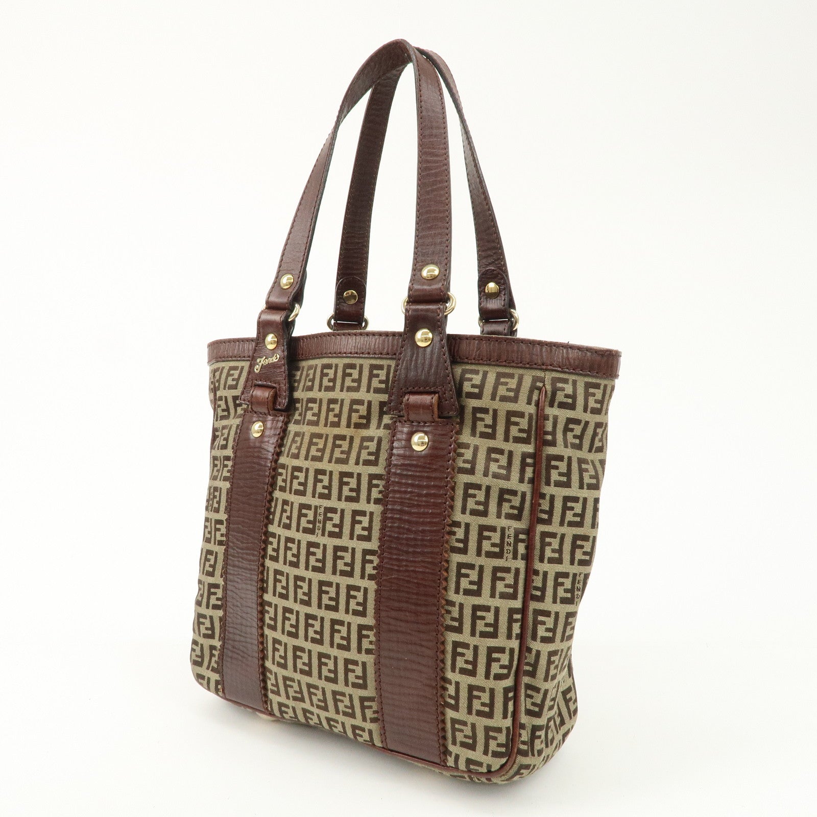 FENDI Zucchino Canvas Leather Tote Bag Khaki Brown 8BH161 Used