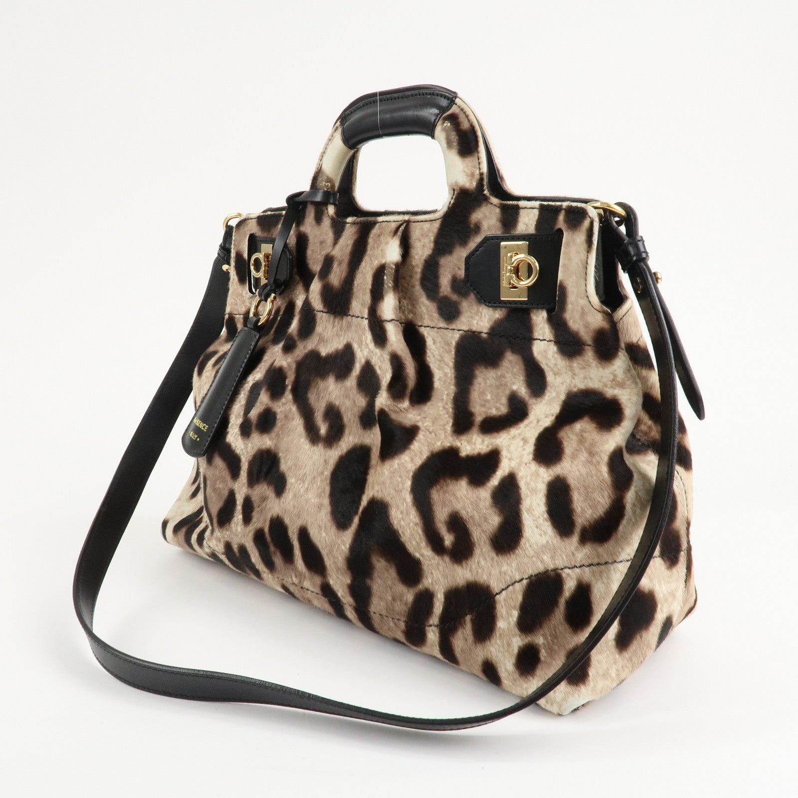 Ferragamo Gancini Unborn Calf Leather 2Way Bag Leopard Hand Bag