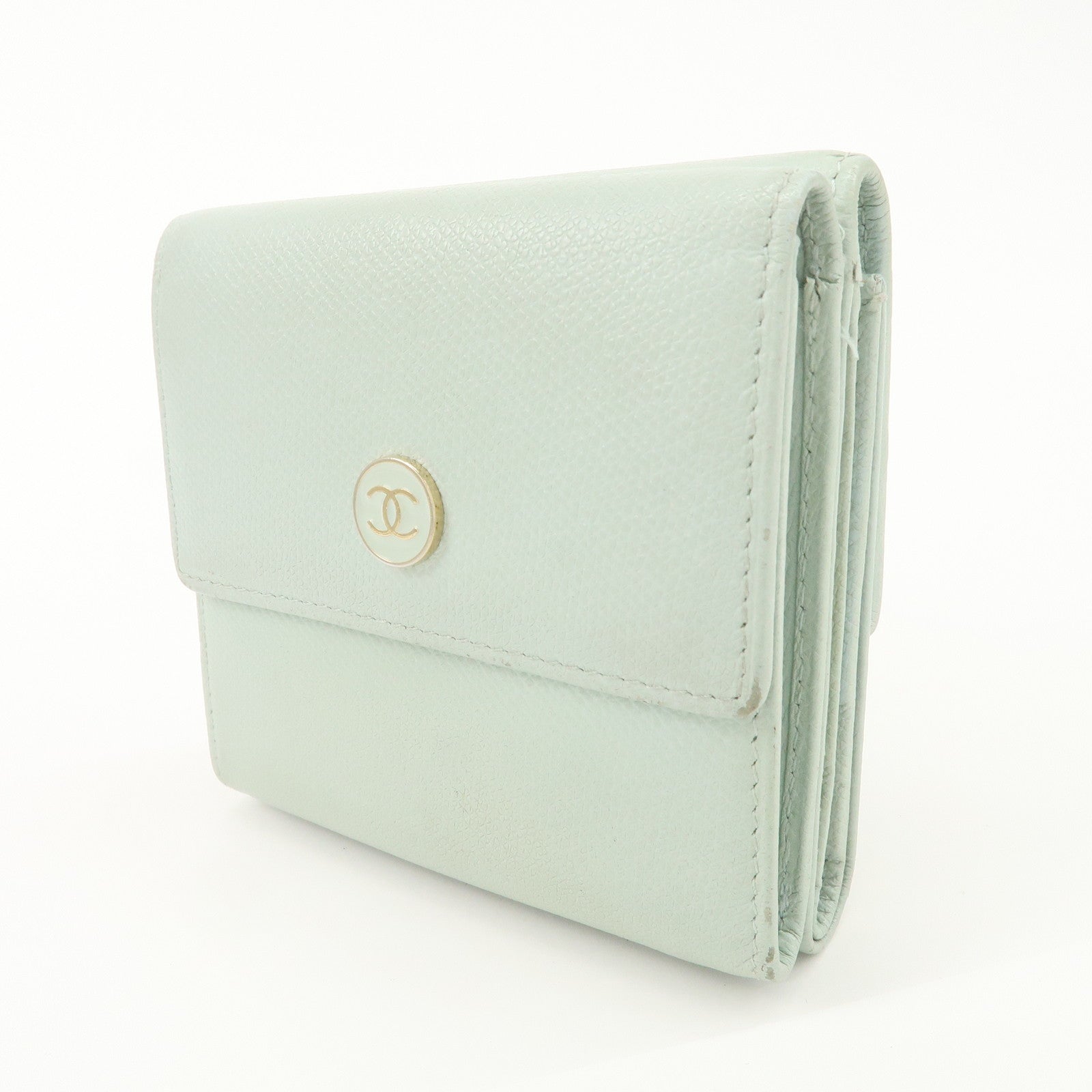 CHANEL COCO Button Leather Double Hook Wallet Mint blue A20902 Used