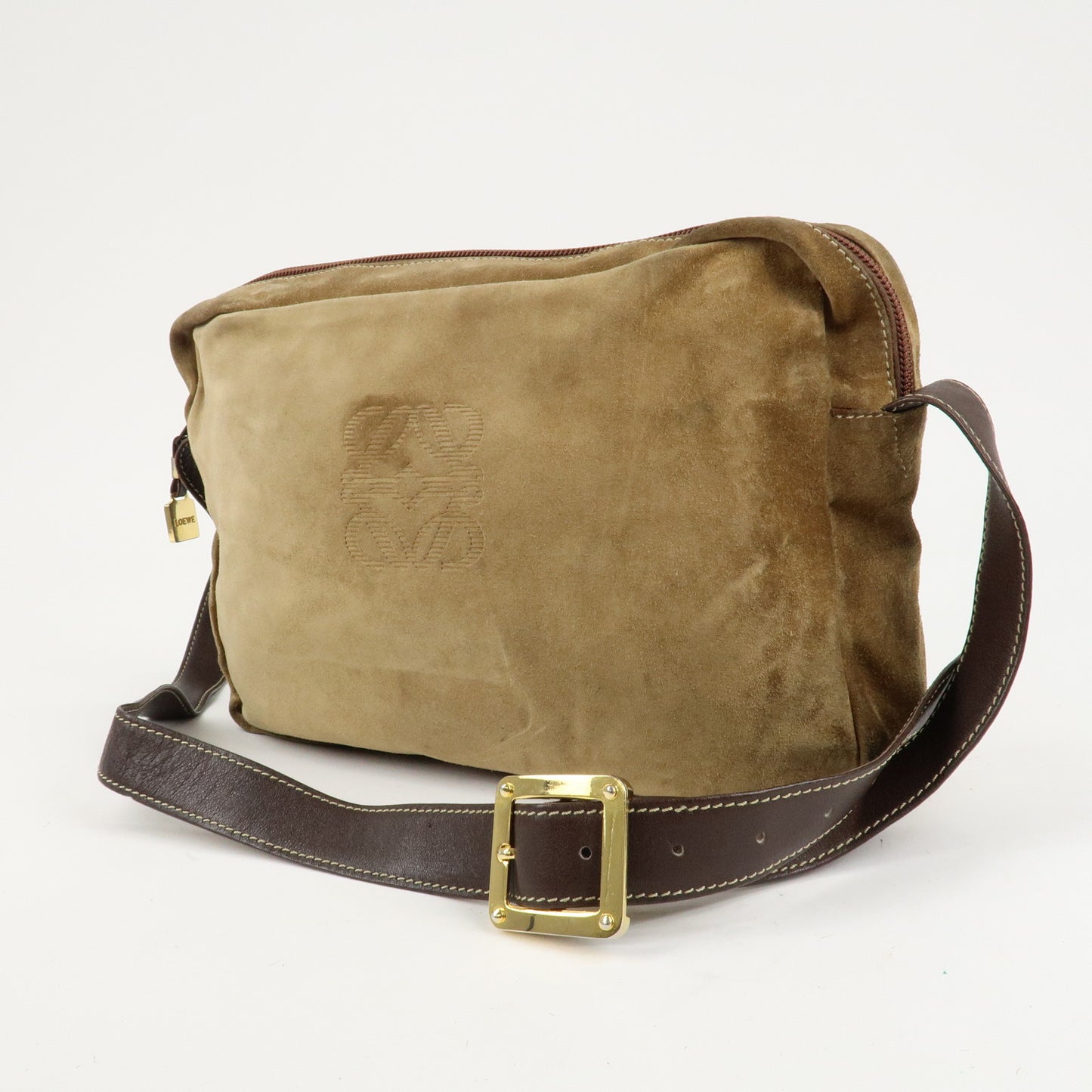 LOEWE Anagram Suede Leather Shoulder Bag Brown Gold Hardware