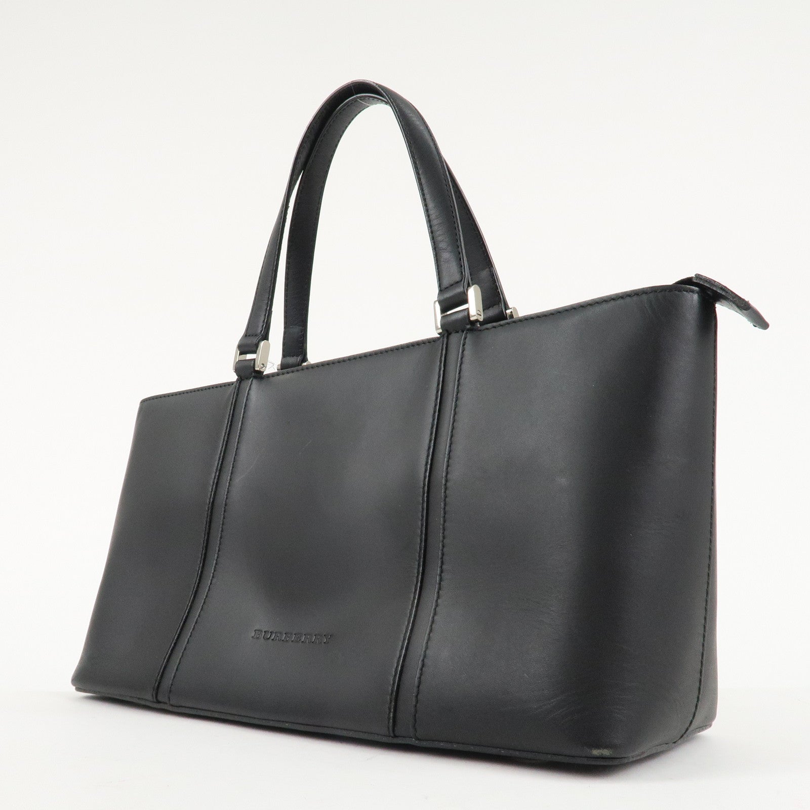 BURBERRY Leather Tote Bag Hand Bag Black Silver Hardware