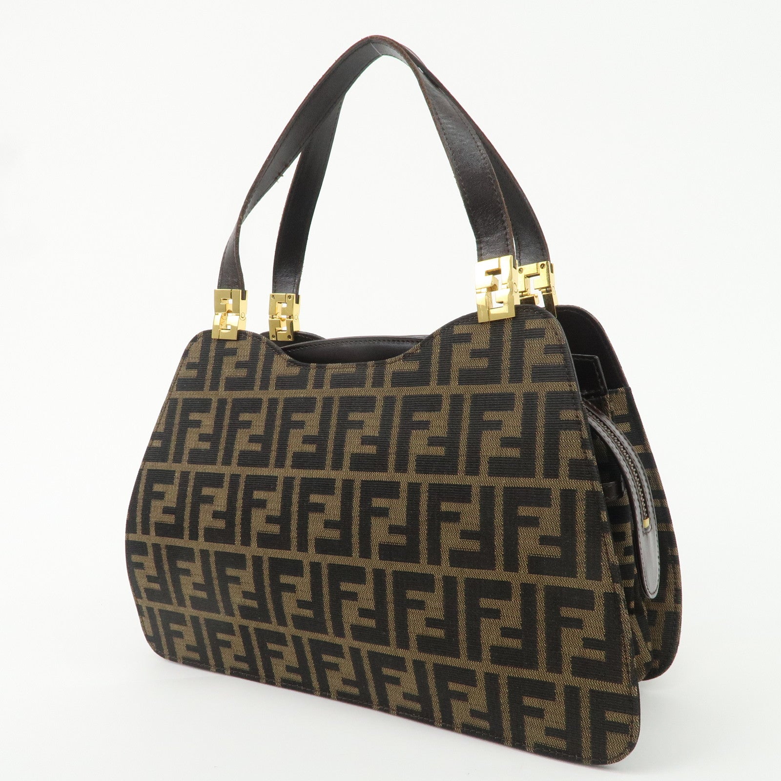 FENDI Zucca Canvas Leather Tote Bag Brown Black Gold Hardware